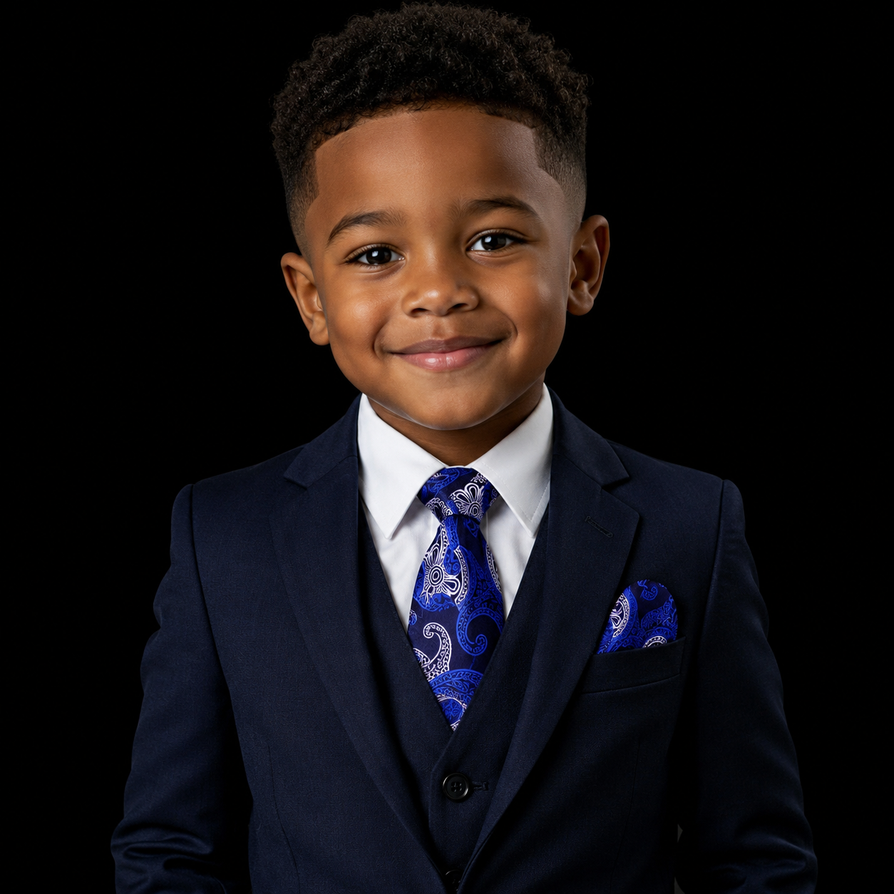 Blue paisley tie and square on boy with suit