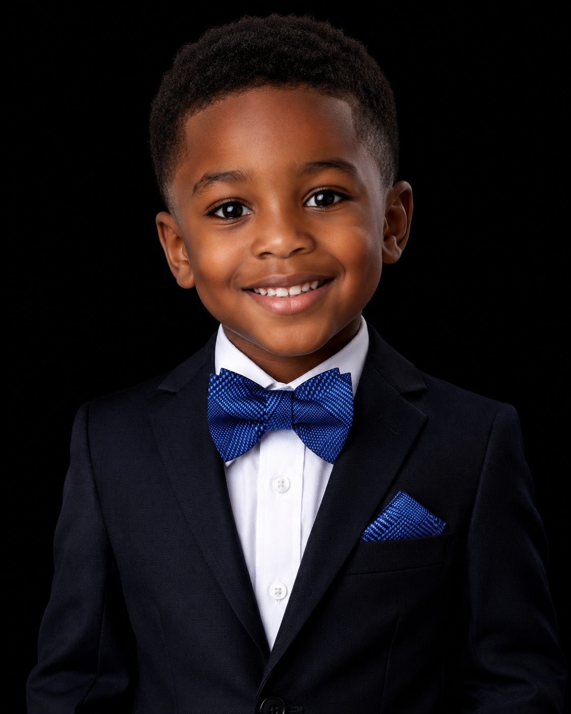 Young boy in a suit with a blue bow tie on a black background