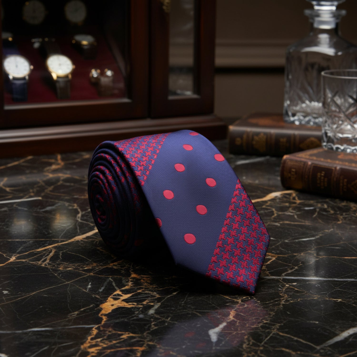 blue red dot stripe hounds single tie on marble table