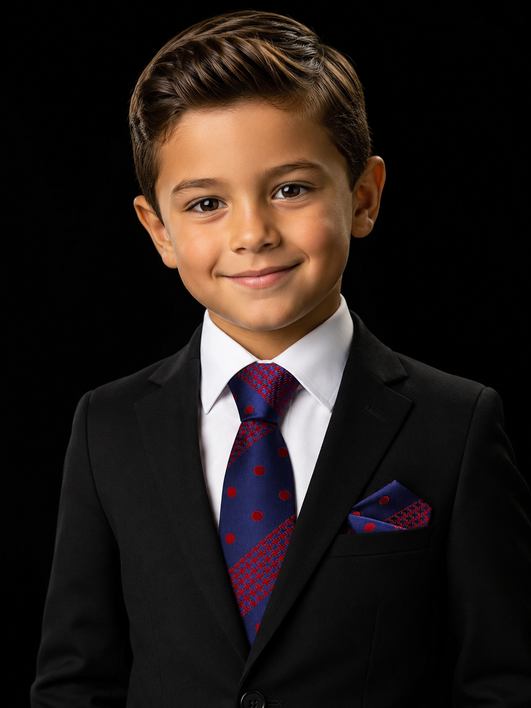 Blue and red dot and hounds stripe tie and square on boy with suit
