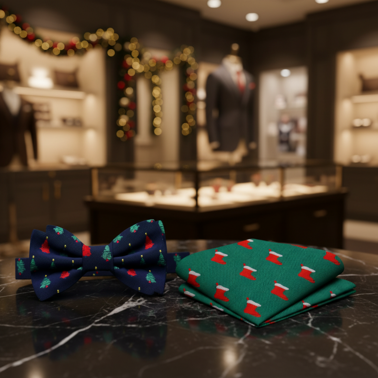 Blue with Green and Red Christmas Trees Bow Tie and Accenting Pocket Square