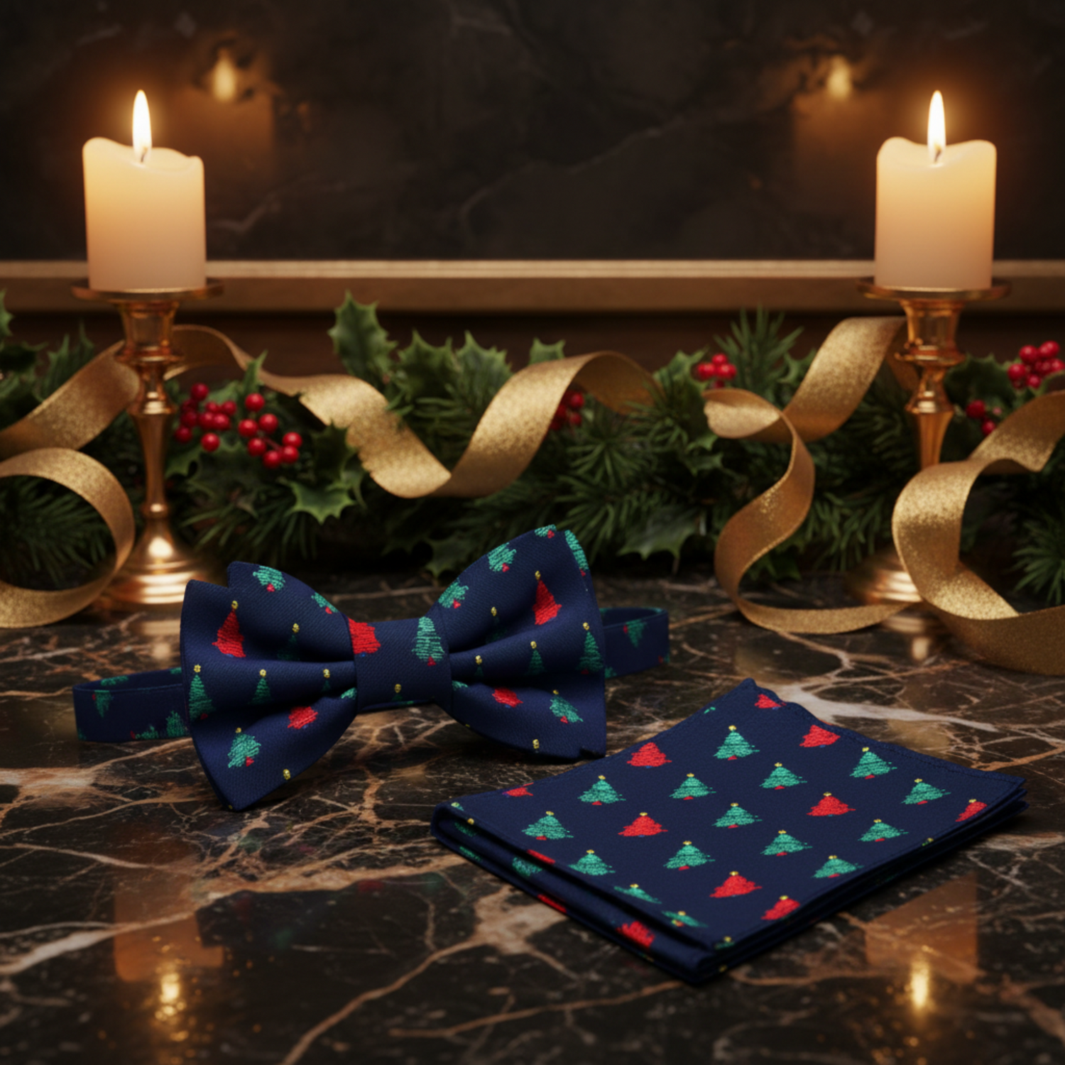 Blue with Green and Red Christmas Trees Bow Tie and Pocket Square