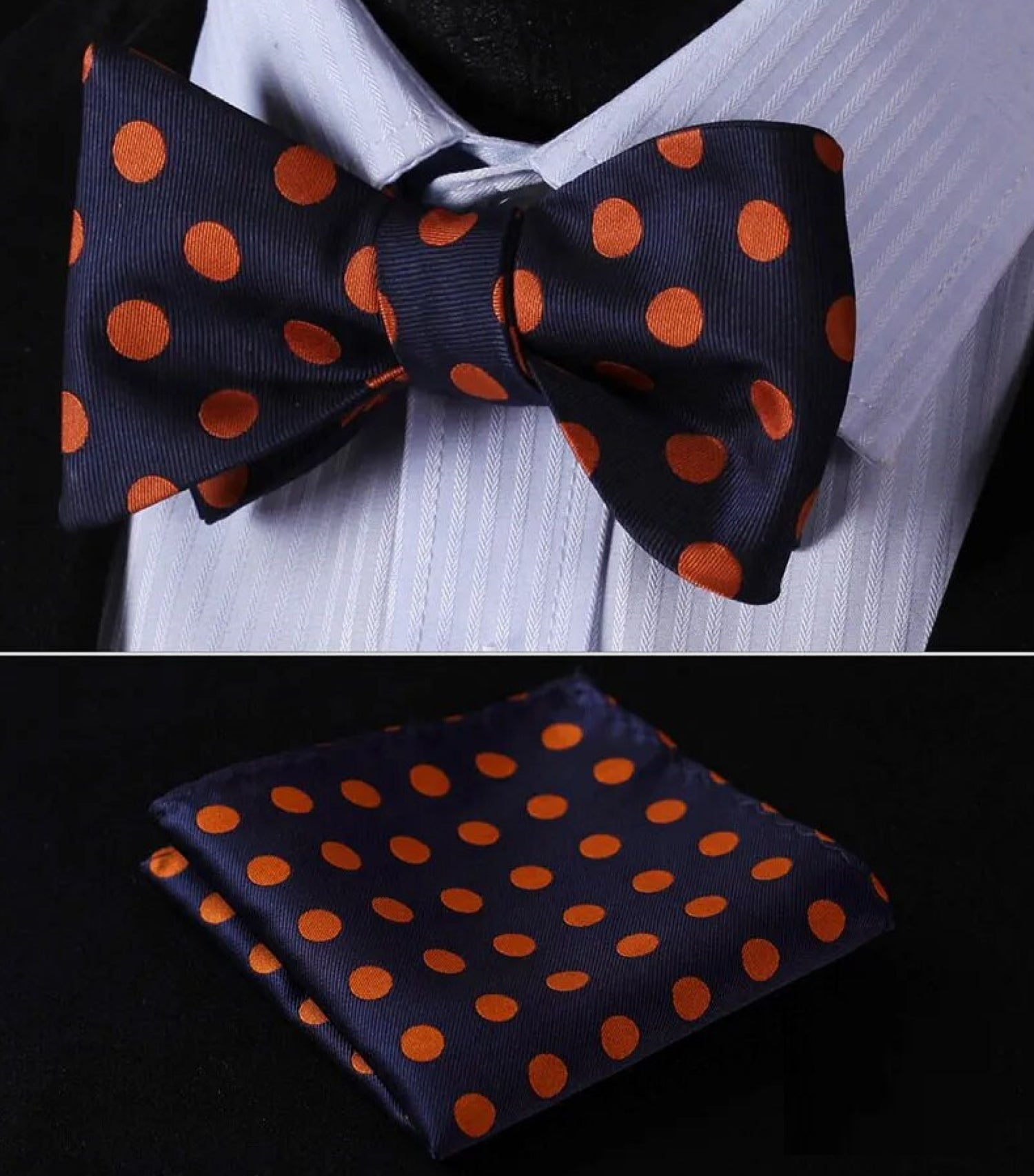 Main View: A Blue, Orange Polka Pattern Self Tie Bow Tie Bow Tie, Matching Pocket Square