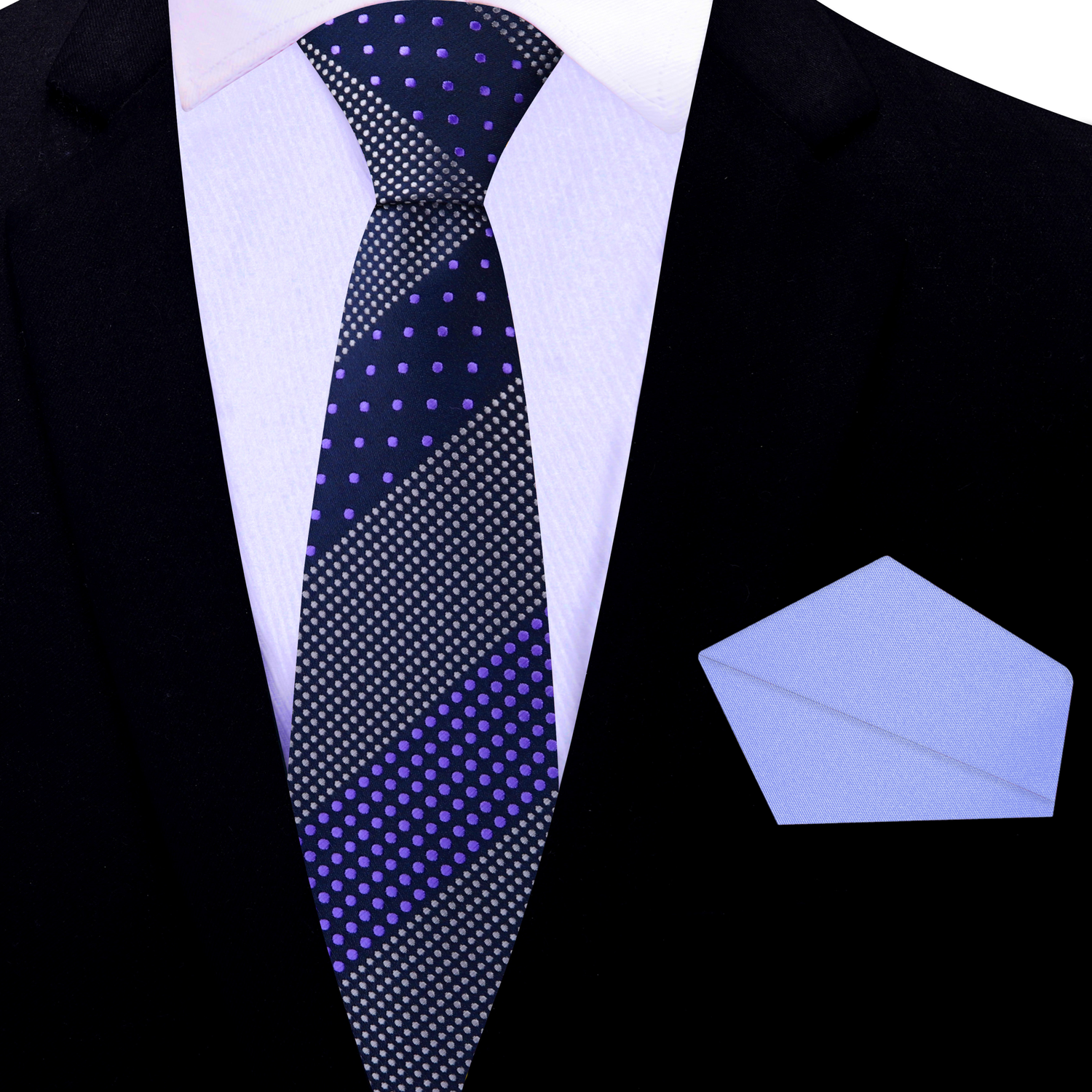 Thin Tie: Blue, Light Purple Polka with Light Purple Square