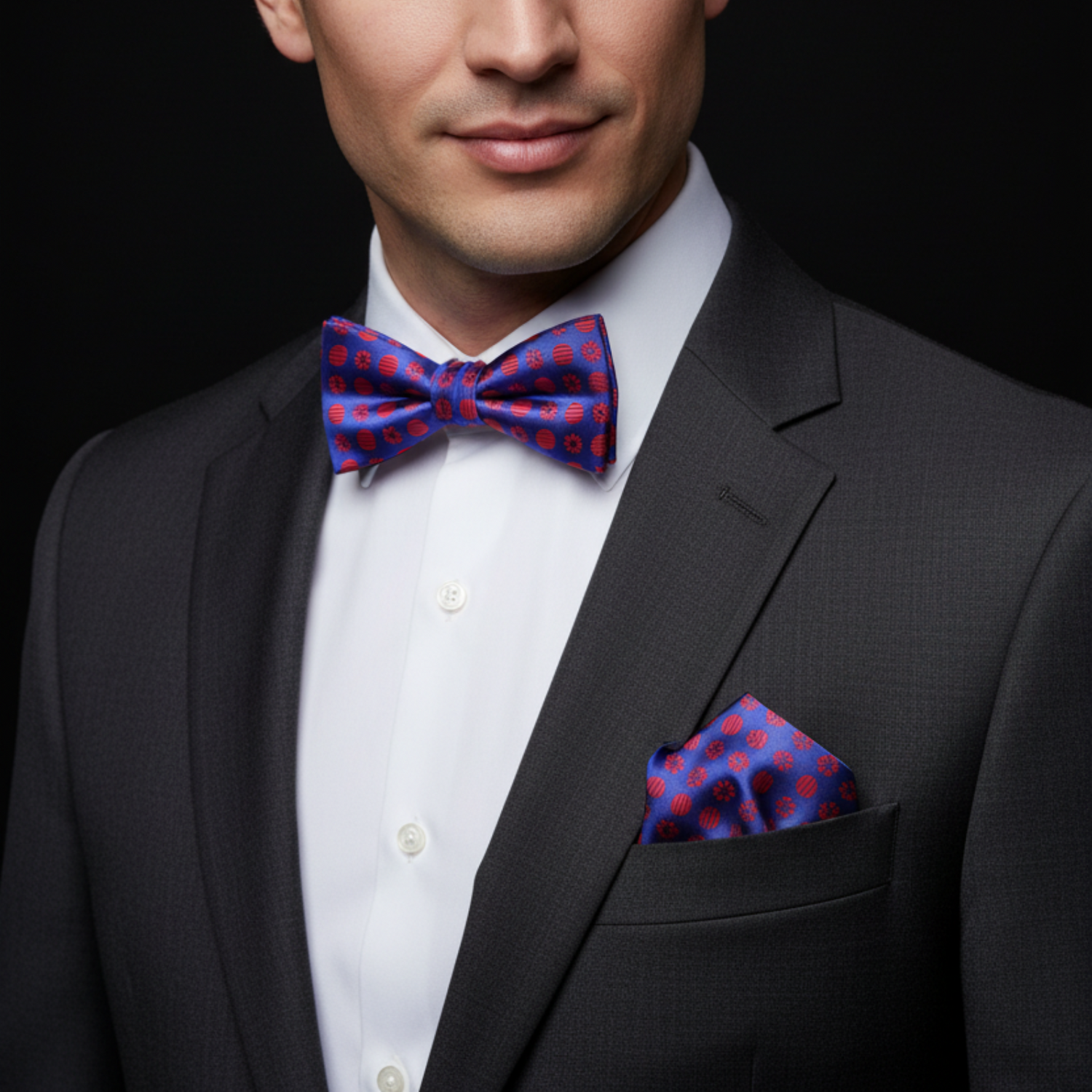 Man wearing a black suit with a white shirt, red and blue polka dot bow tie, and matching pocket square on a black background.