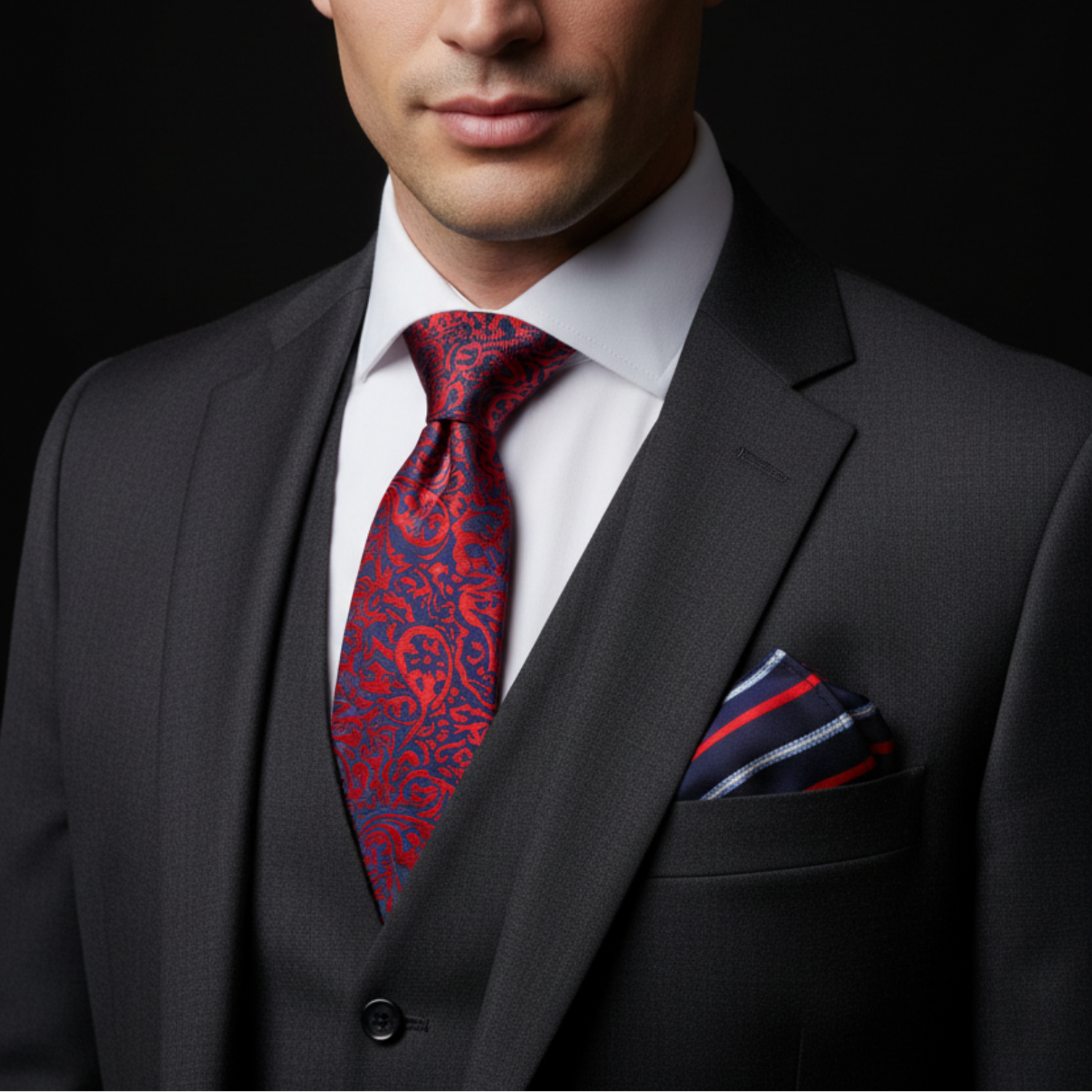 Navy and Red Ornamental Floral & Paisley Necktie