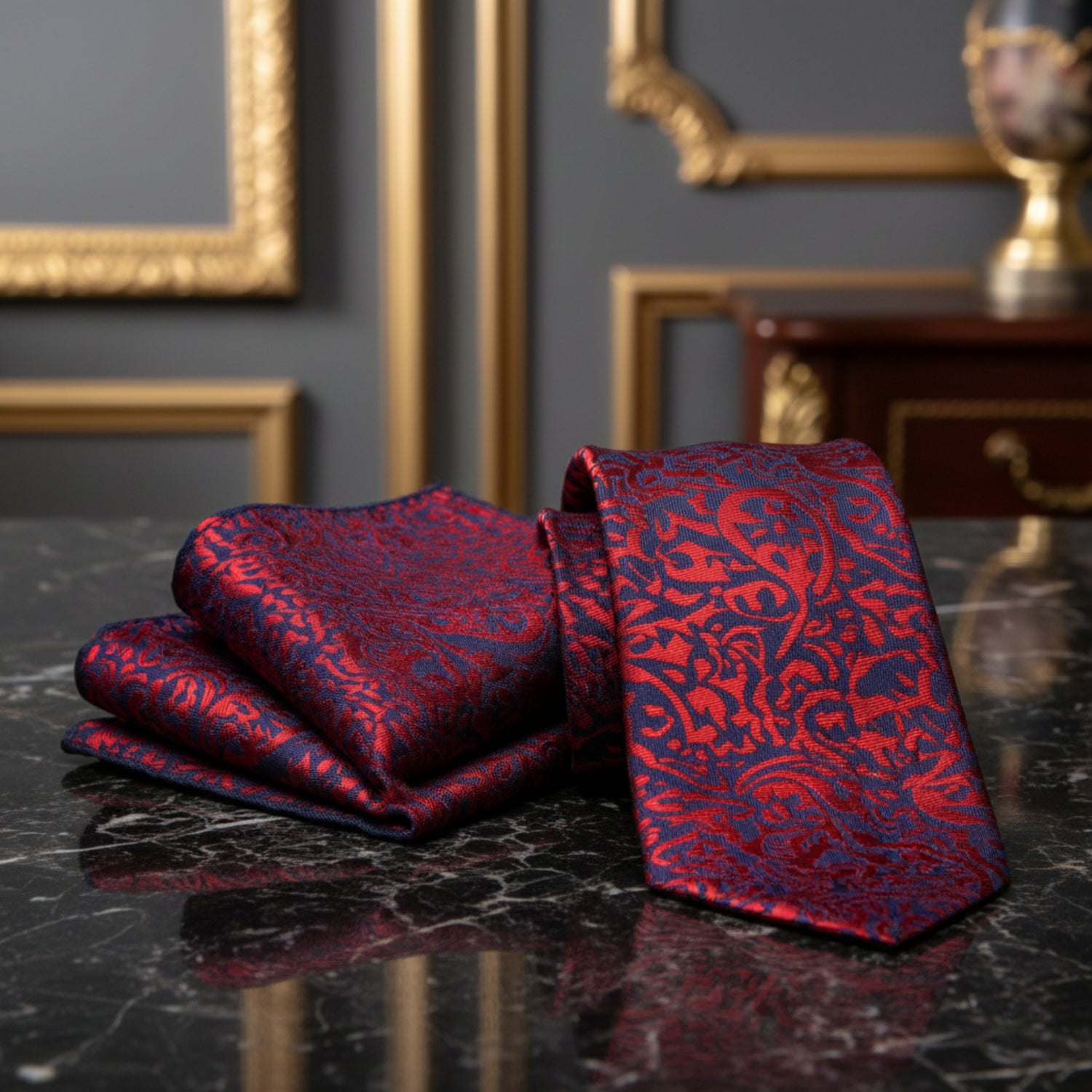 Red and Blue Paisley Necktie and Matching Square