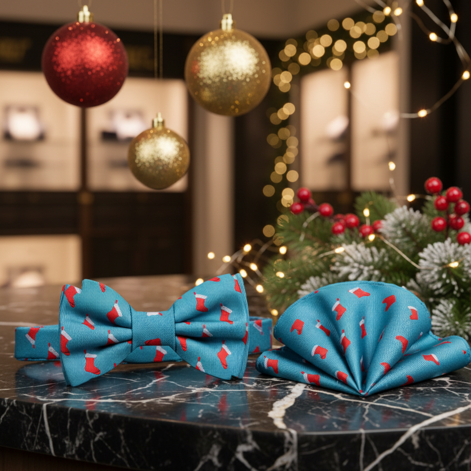Light Blue, Red Christmas Stockings Bow Tie And Pocket Square||Blue