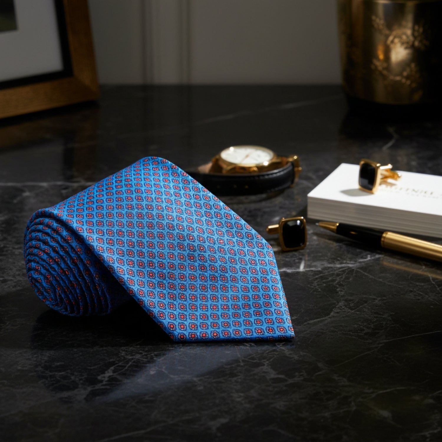 View 3: Blue with red and white small medallions necktie