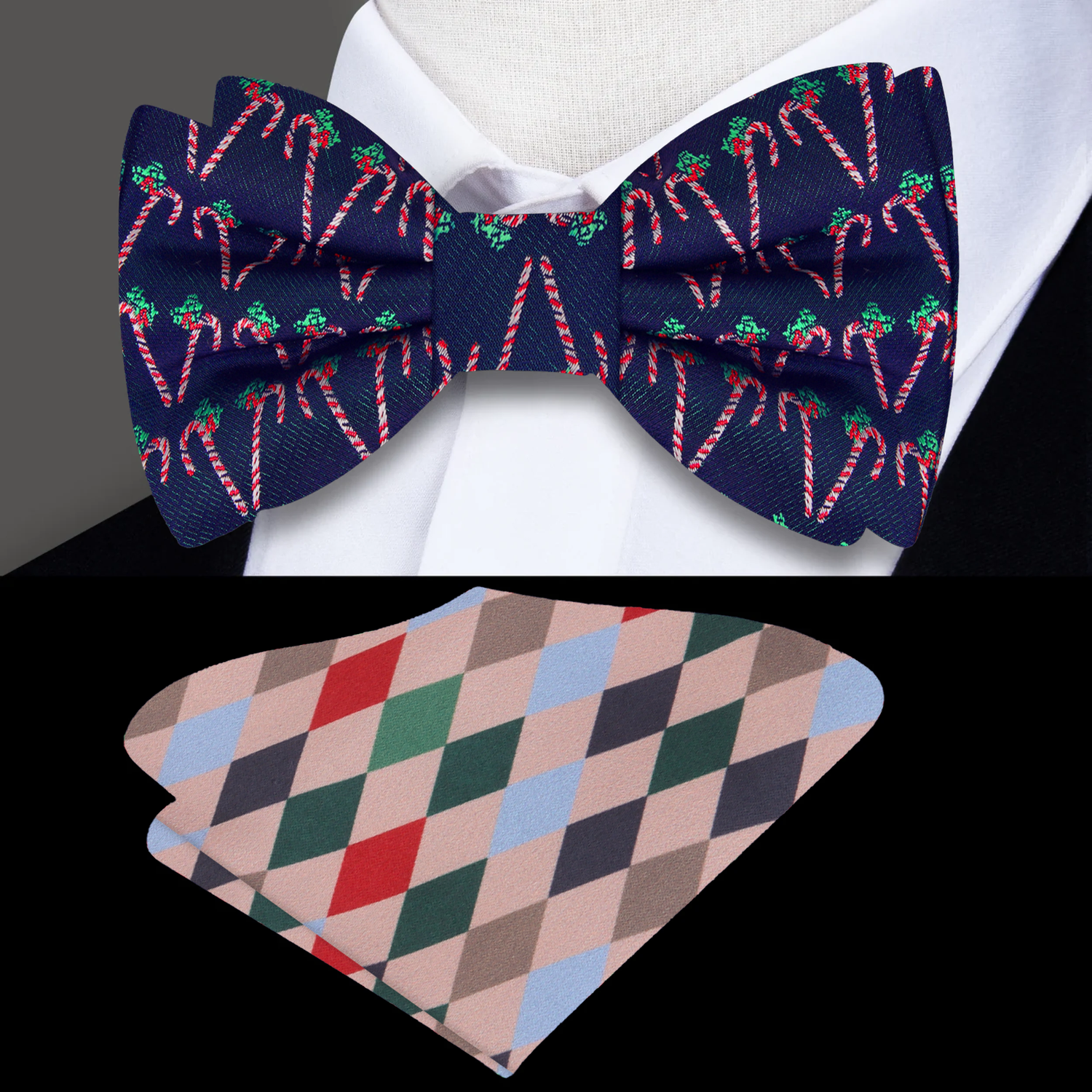 Blue, Red, White, Green Candy Canes Bow Tie and Accenting Pocket Square