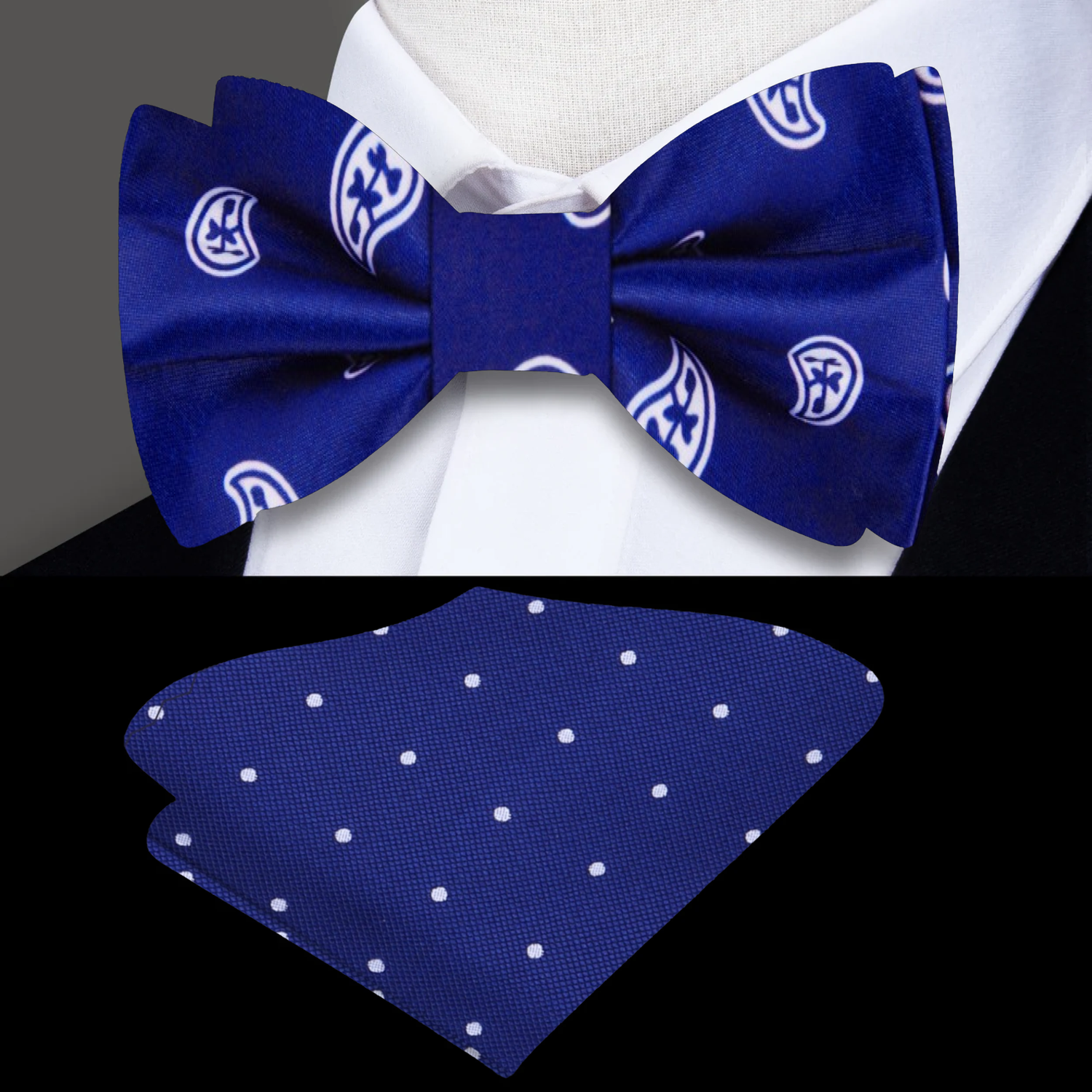 Deep Blue, White Paisley Bow Tie and Accenting Pocket Square