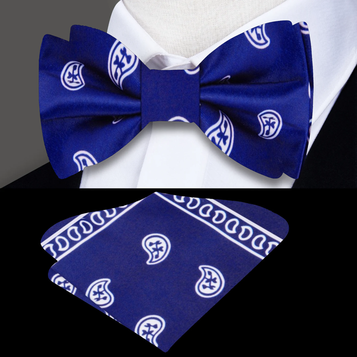 Deep Blue, White Paisley Bow Tie and Pocket Square