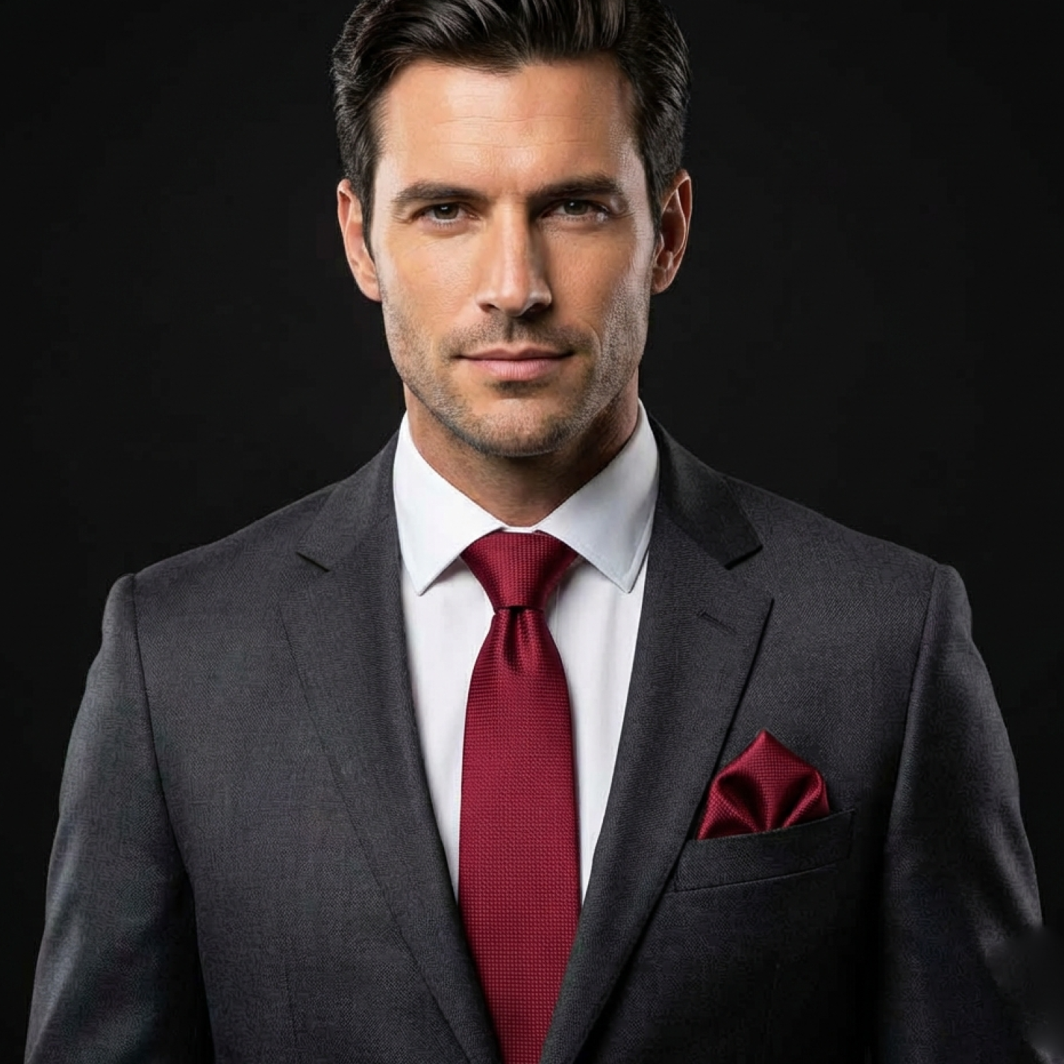 Man wearing a gray suit with a red tie and pocket square on a black background