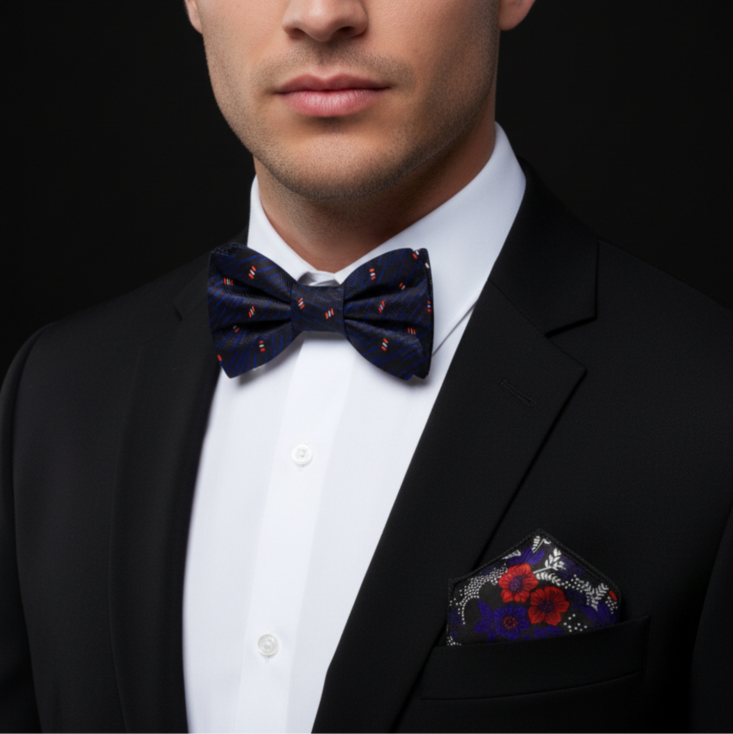 Man wearing a black suit with a patterned bow tie and pocket square against a dark background