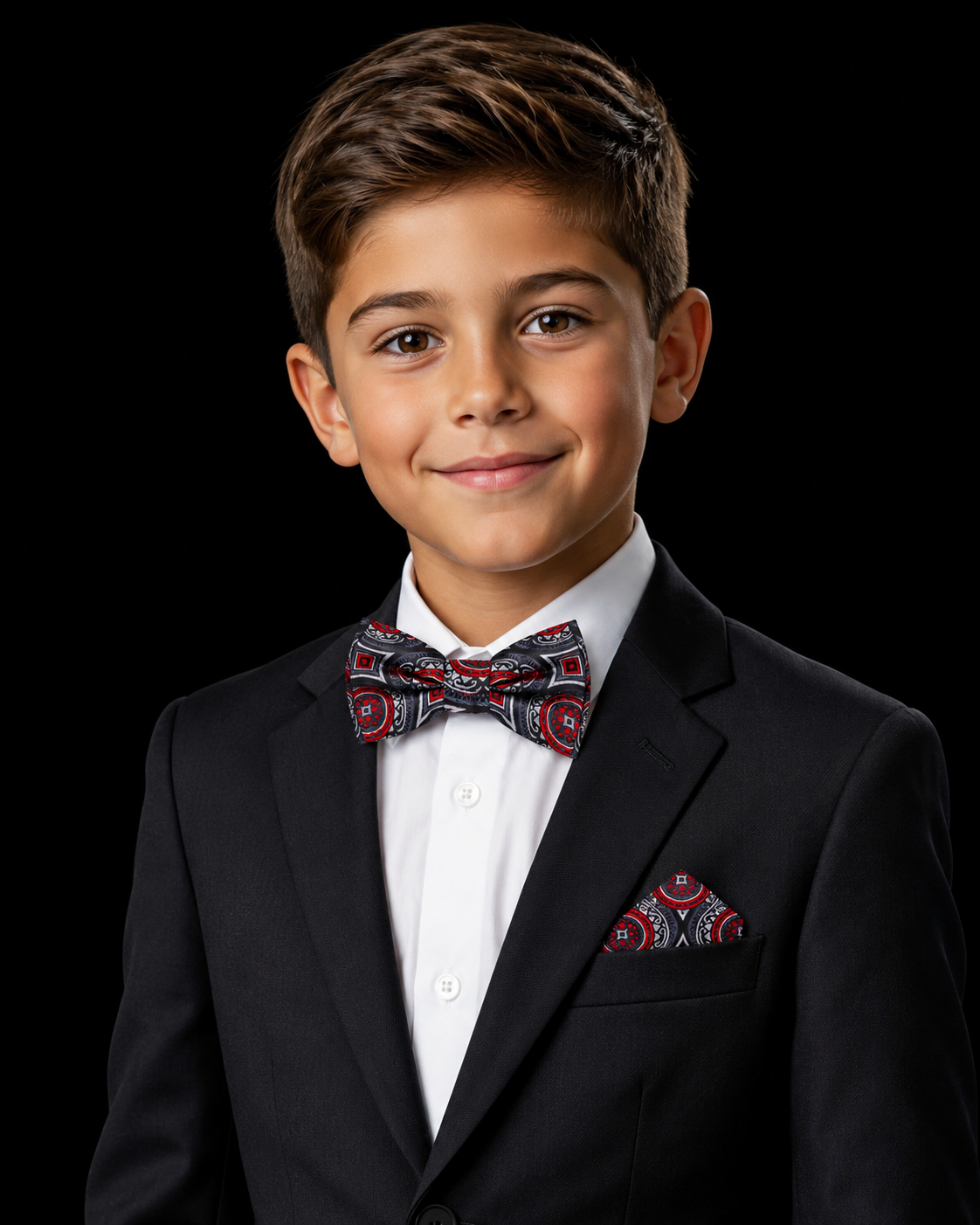 Boys Black Red Medallion Pre-Tied Bow Tie for Formal Outfits