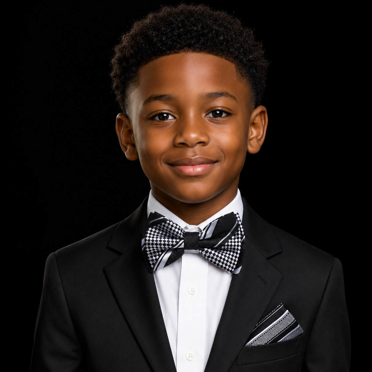 Boys Black White Checkerboard Stripe Boy tie and square on suit