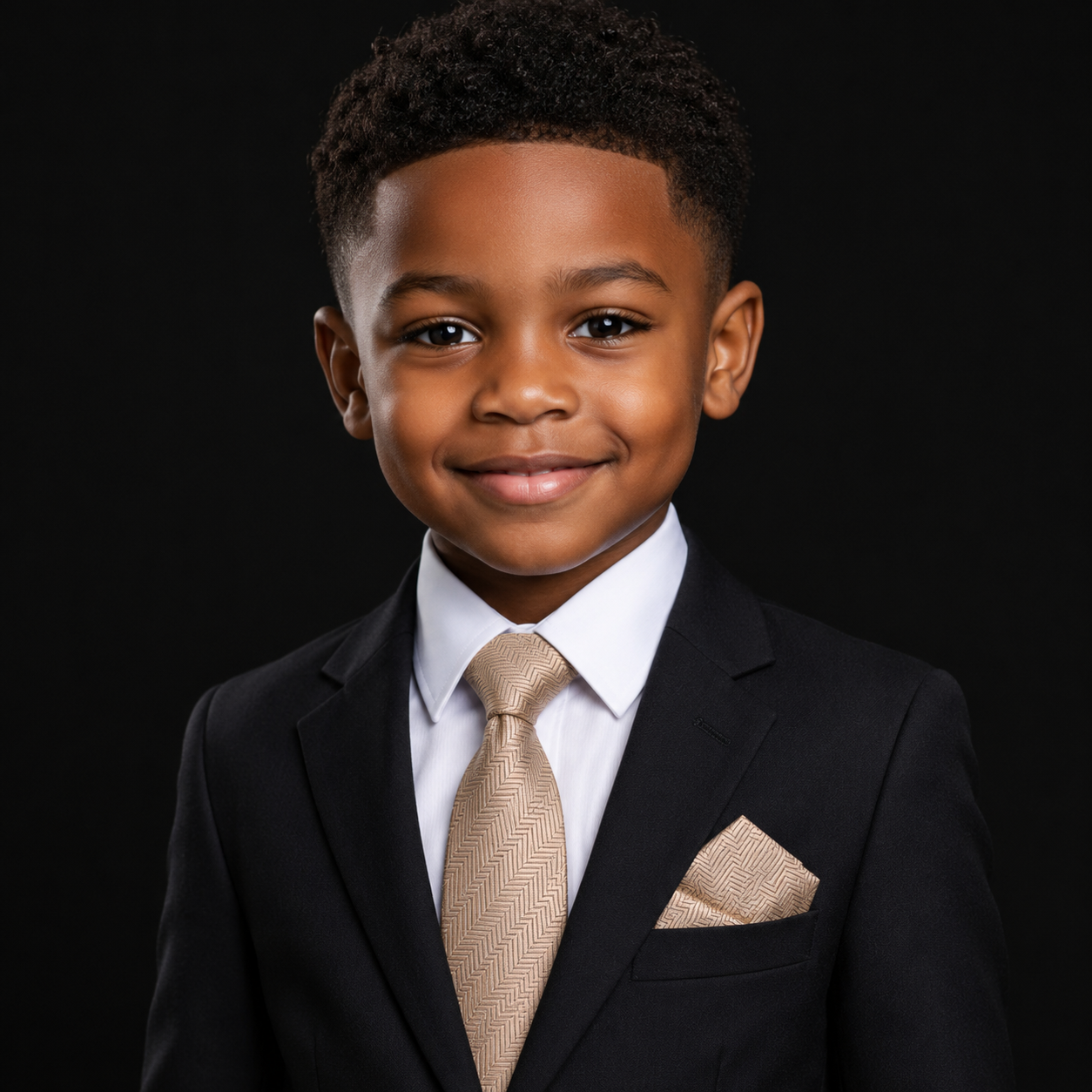 Boys Champagne Beige Herringbone Necktie and Square Suit
