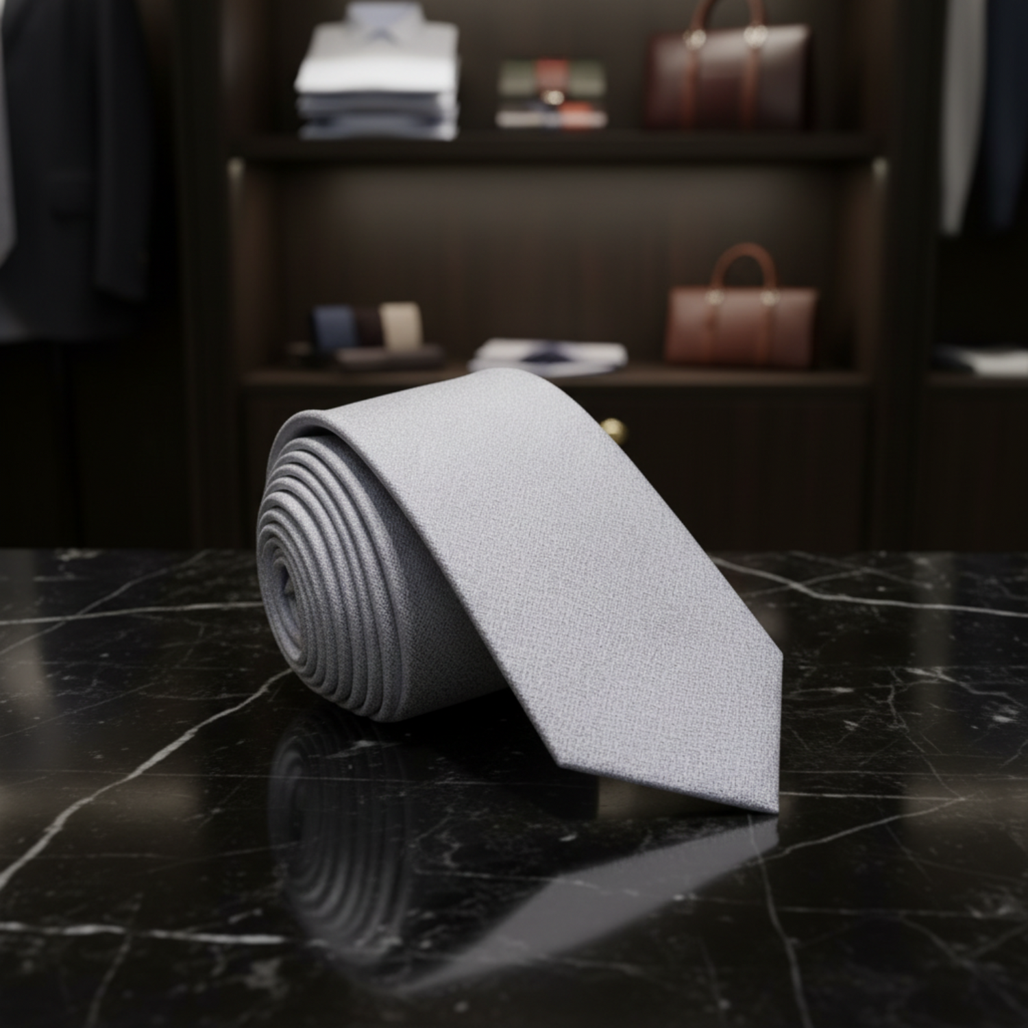Silver textured tie rolled up on a white background