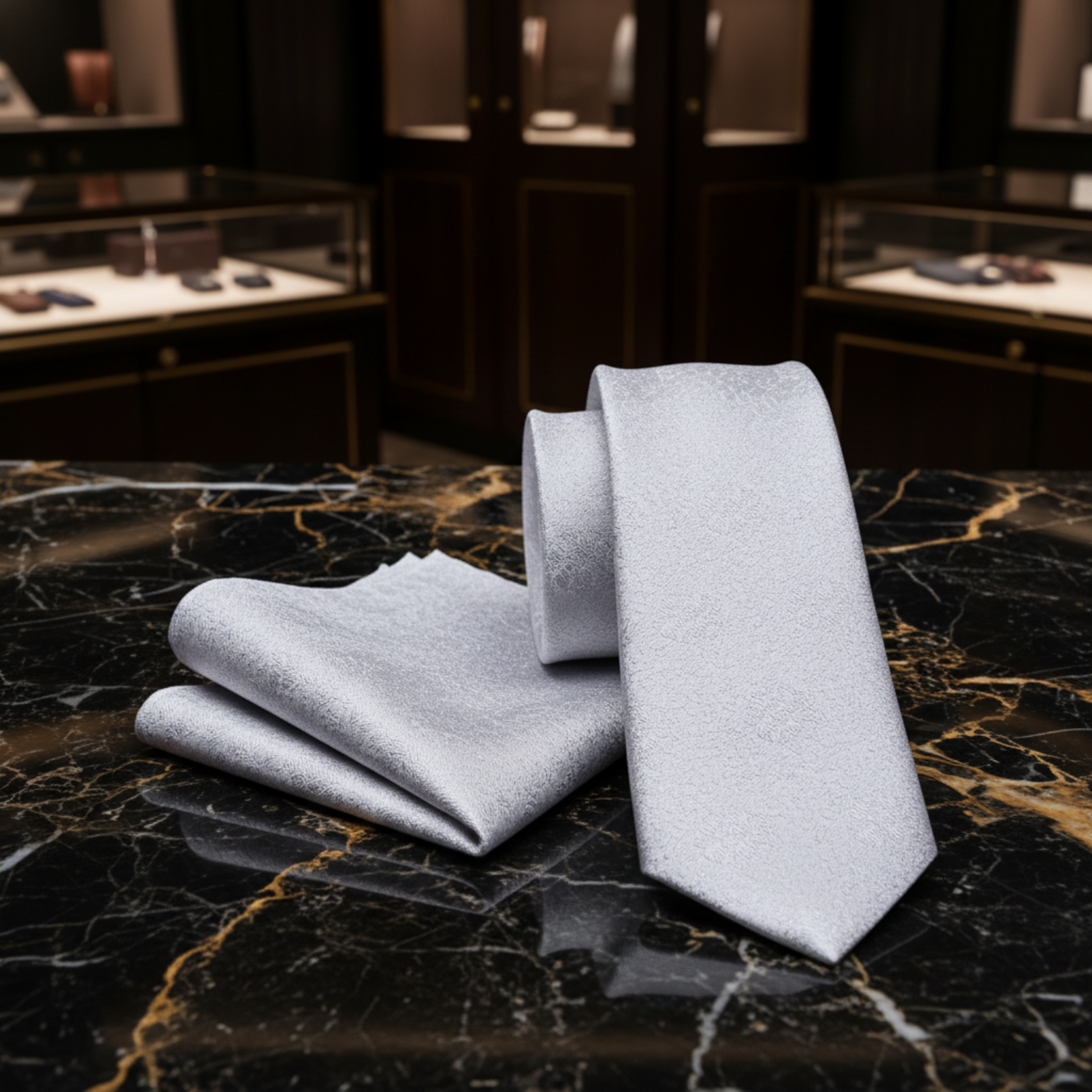 silver tie and square on black marble