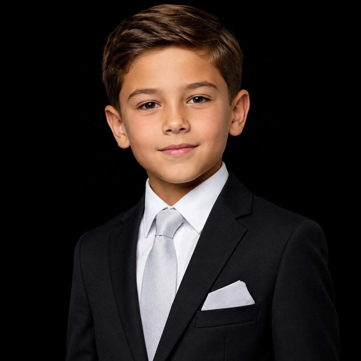 Young boy in a formal black suit with a white shirt and gray tie on a black background