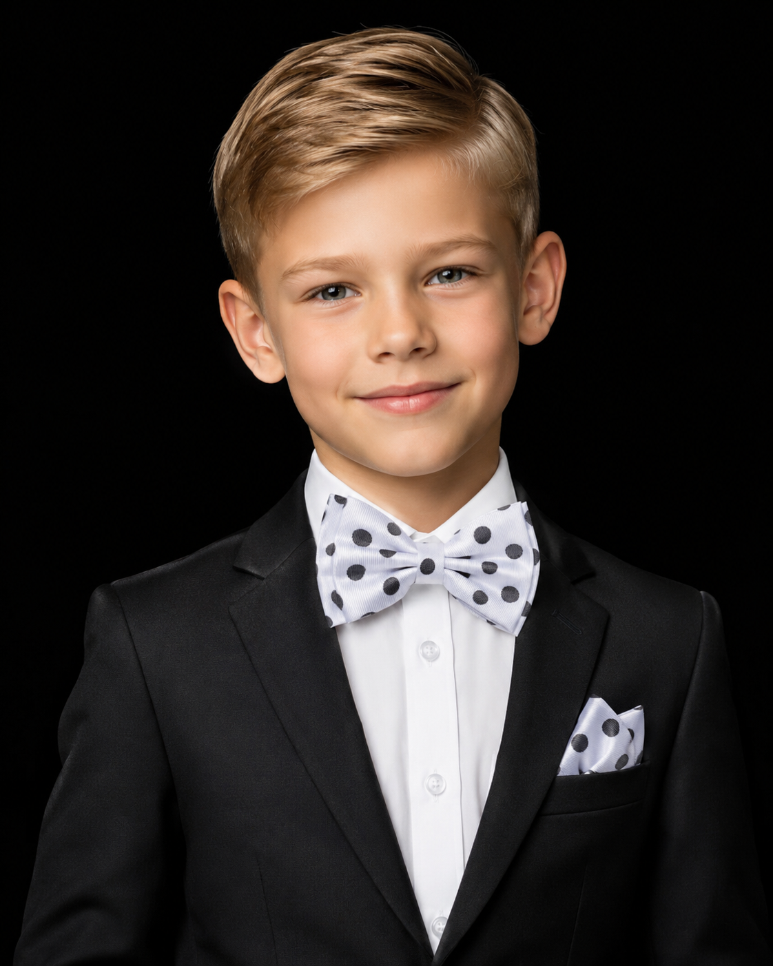 Boy wearig A White, Black Color Polka Dot Pattern Kids Pre-Tied Bow Tie, Matching Pocket Square