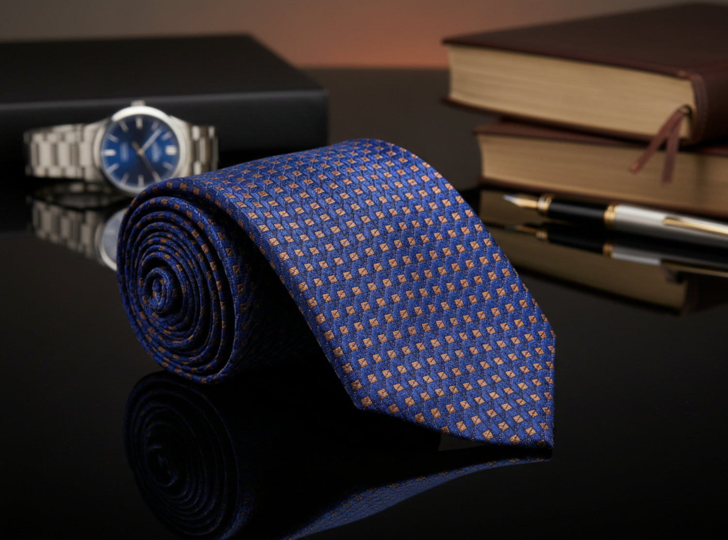 Blue tie with brown geometric pattern 