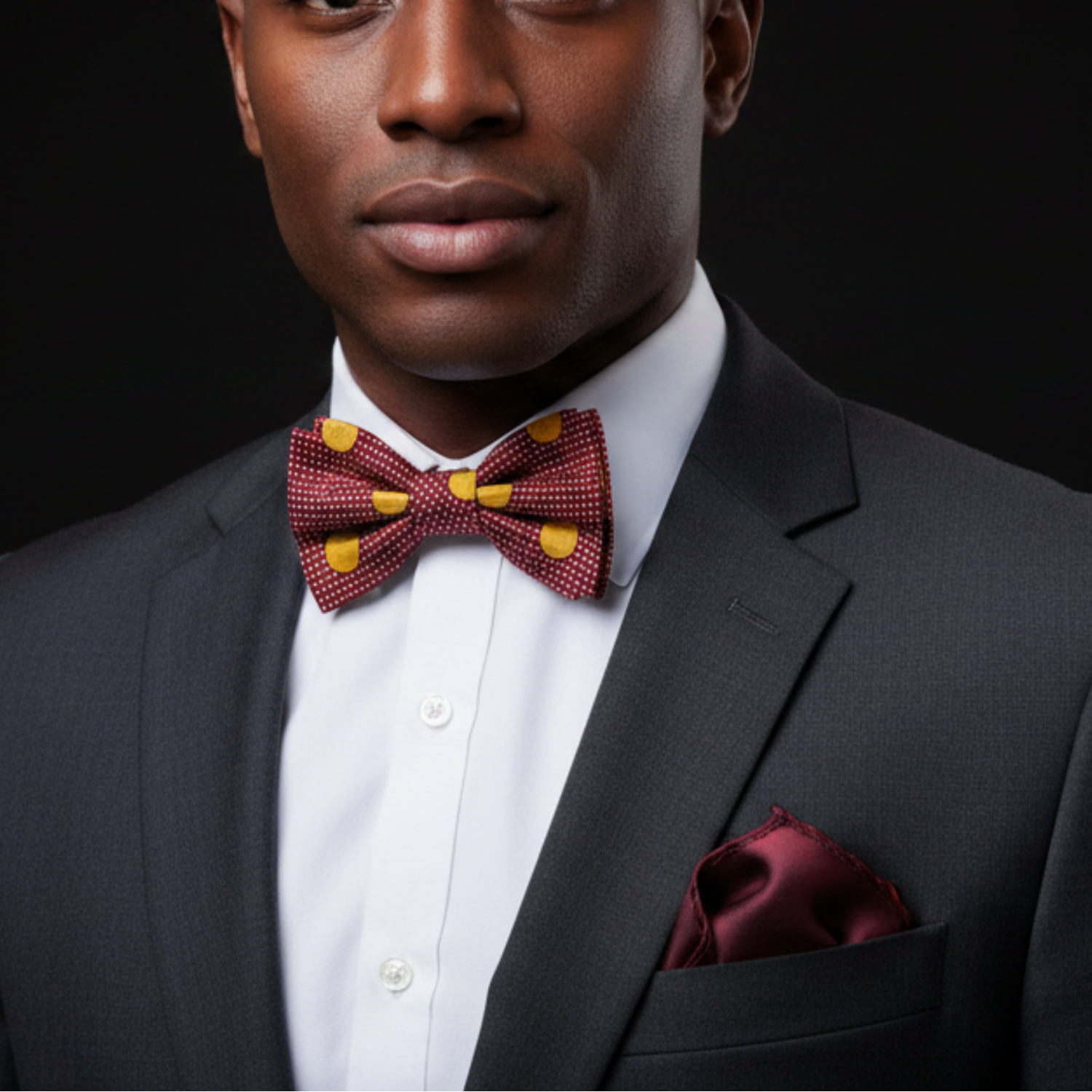 Man wearing a dark suit with a red bow tie and matching pocket square against a black background