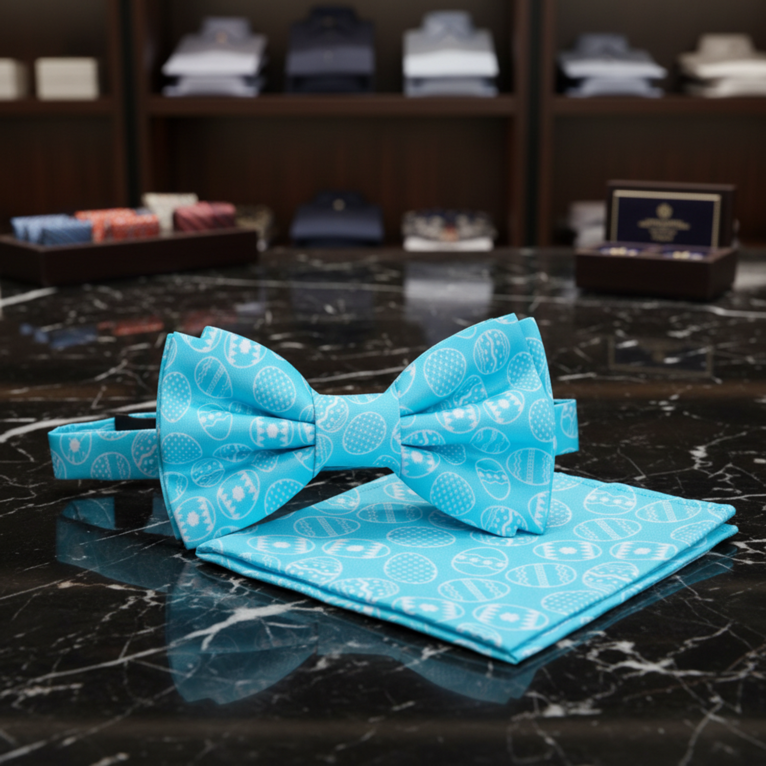 Bright Blue Easter Eggs Bow Tie and Pocket Square