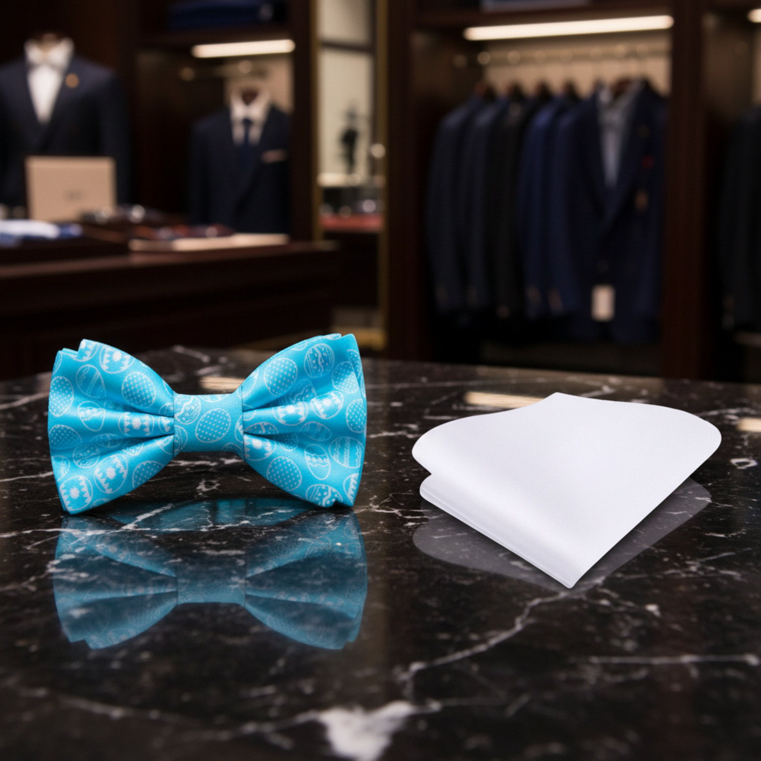 Bright Blue Easter Eggs Bow Tie and White Pocket Square