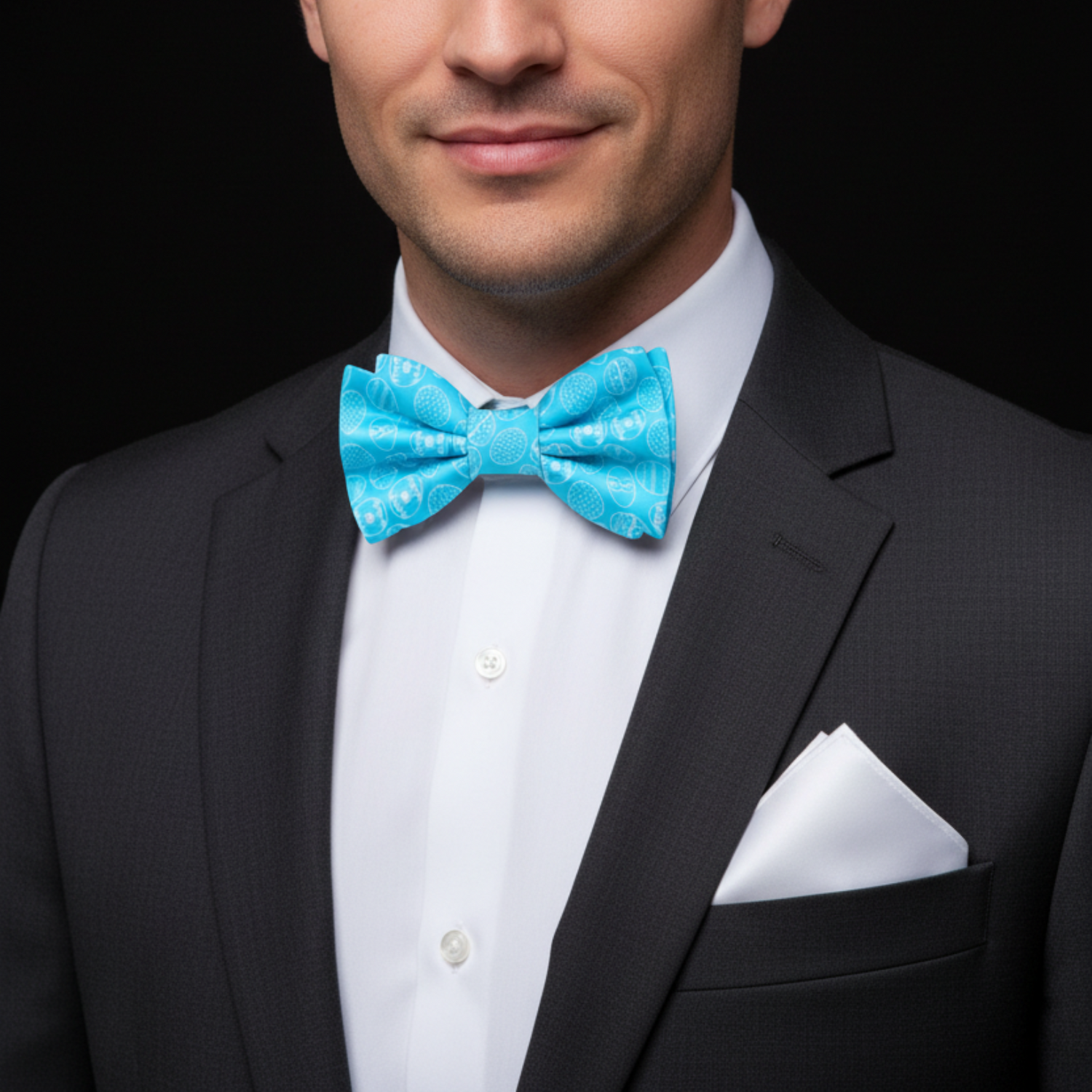 Man wearing a black suit with a white shirt and blue bow tie on a black background