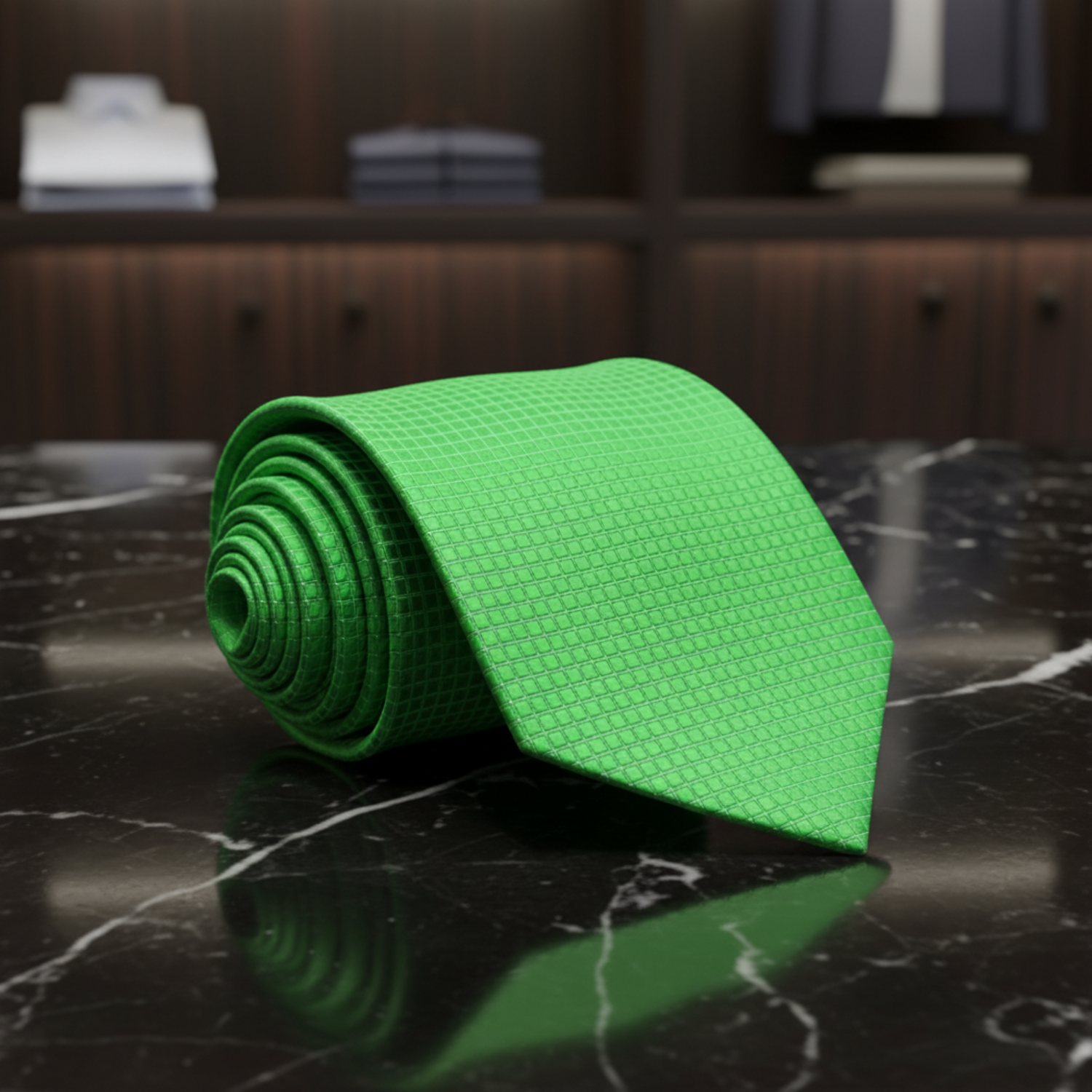 A bright green necktie with a textured, diamond-grid woven pattern, shown rolled up next to its flat front blade on a solid white background. b