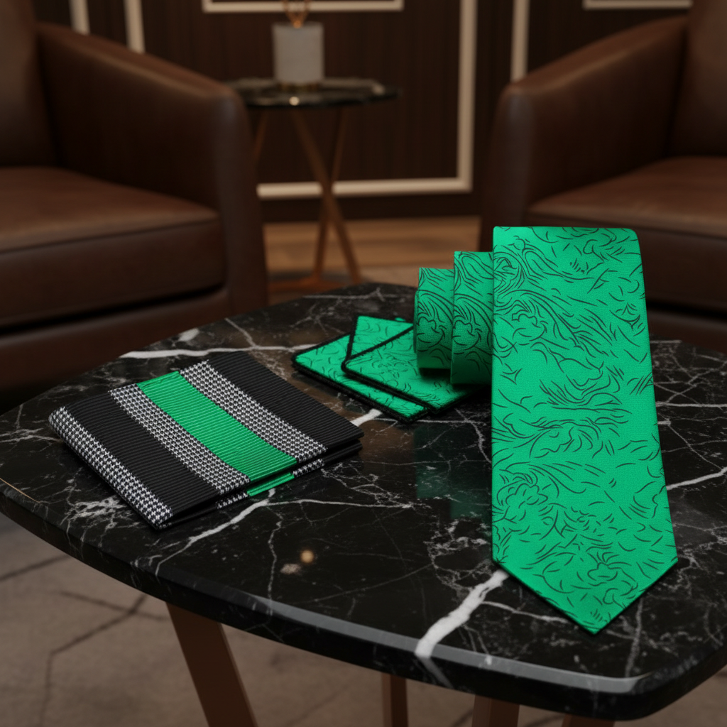 Alt View: Green, Black Abstract Necktie with Green, Black Stripe Square
