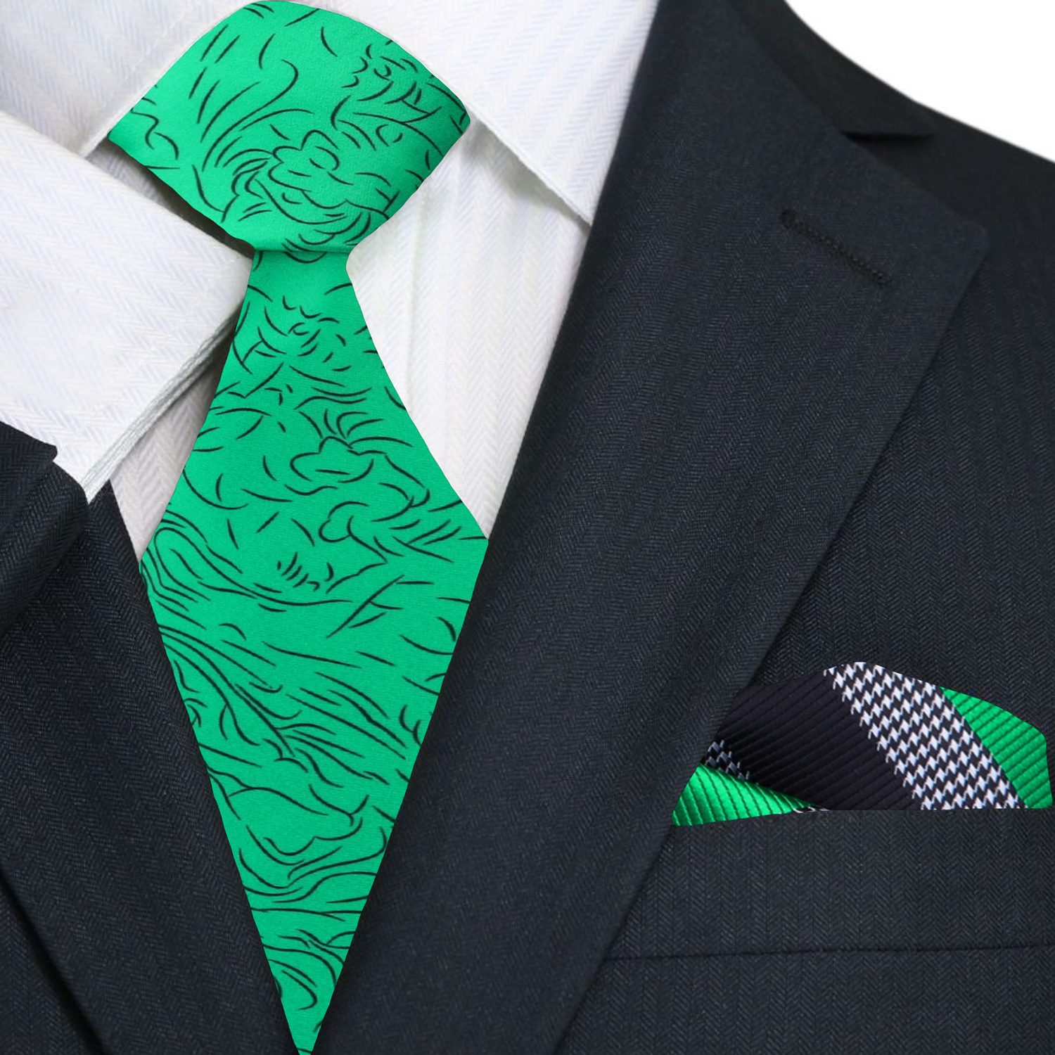 Main Green, Black Abstract Necktie with Green, Black Stripe Square