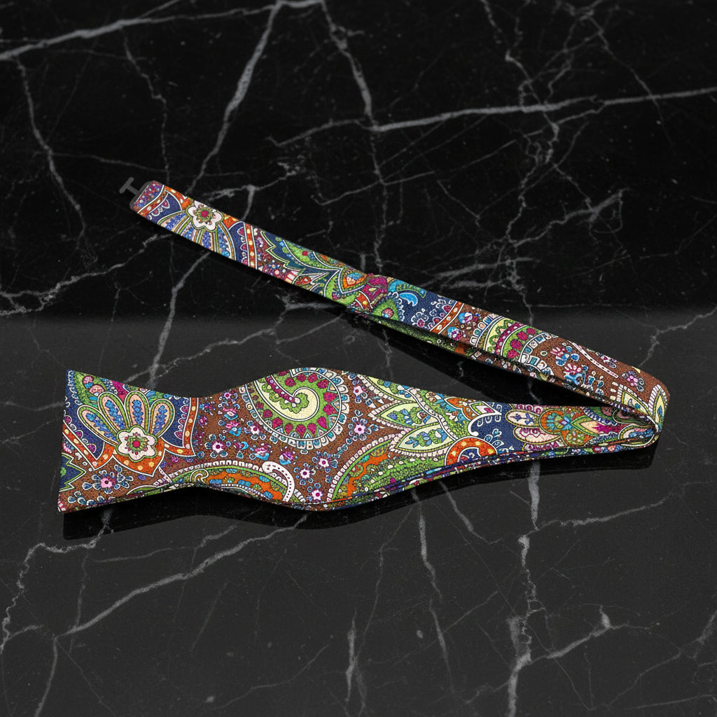 Single: A Brown, Yellow, Red, Blue Abstract Paisley Pattern Silk Pre Tied Bow Tie