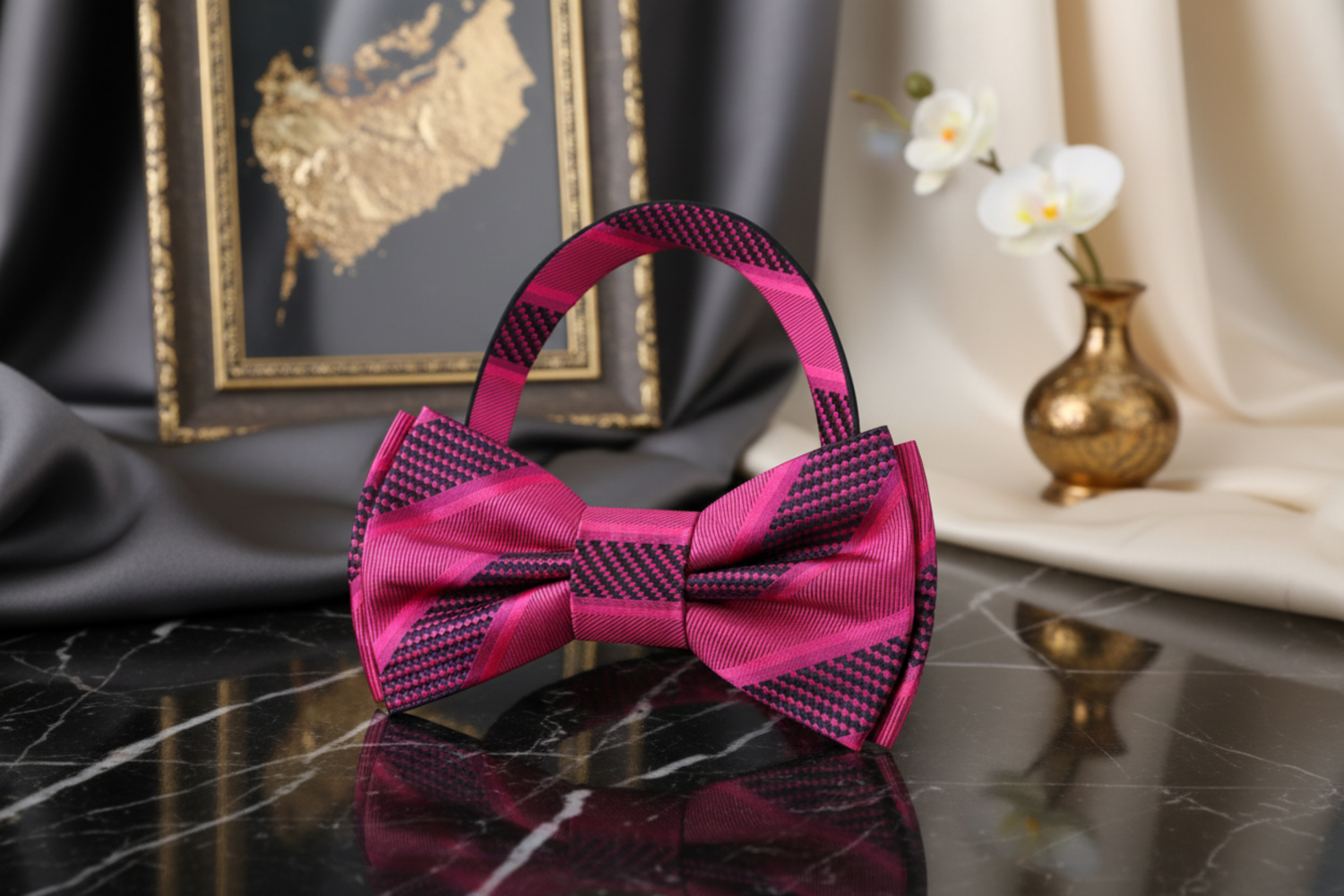 Dark Pink Block Stripe Bow Tie Pre Tied