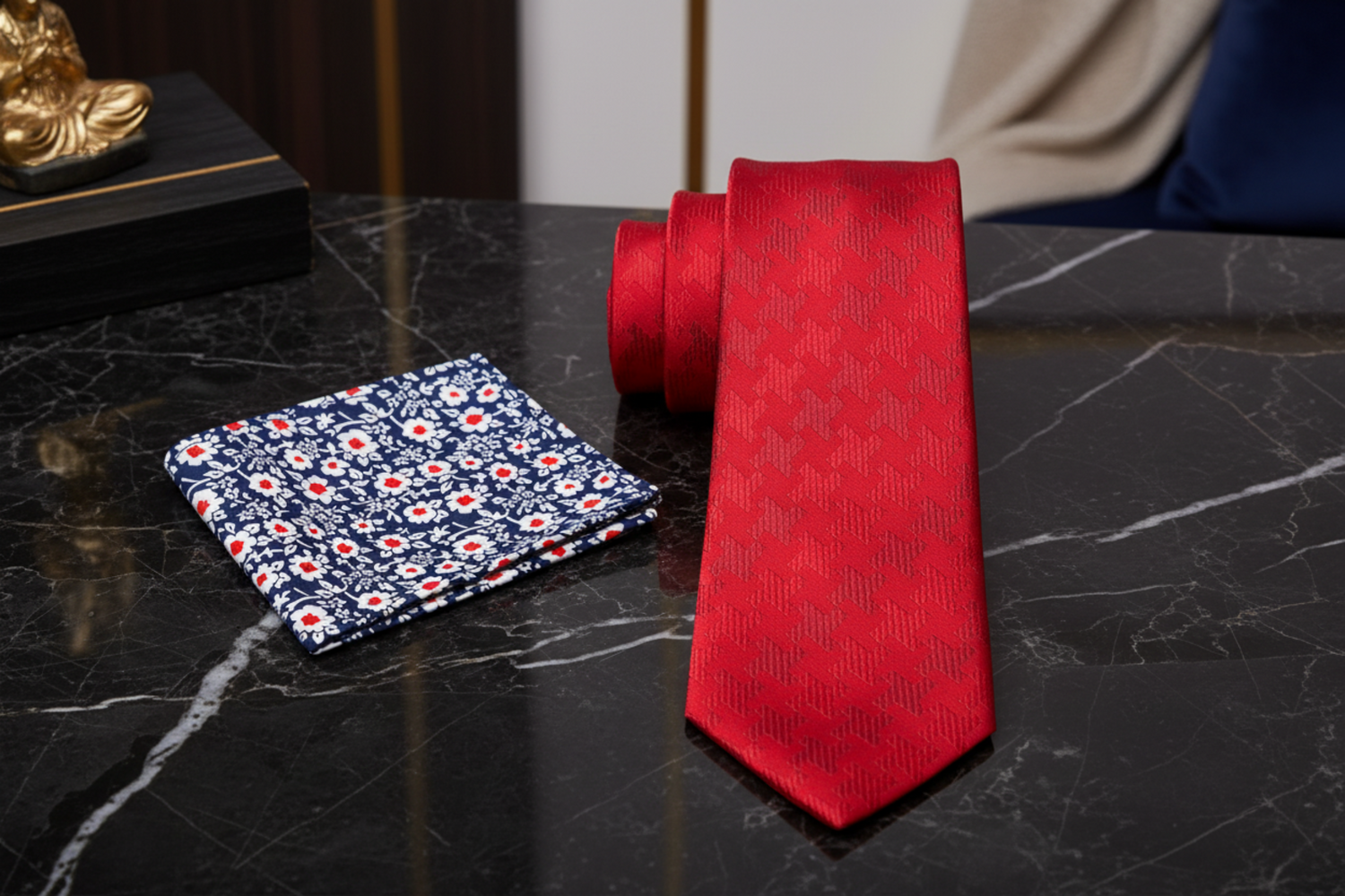 Red Necktie and Blue Floral Square