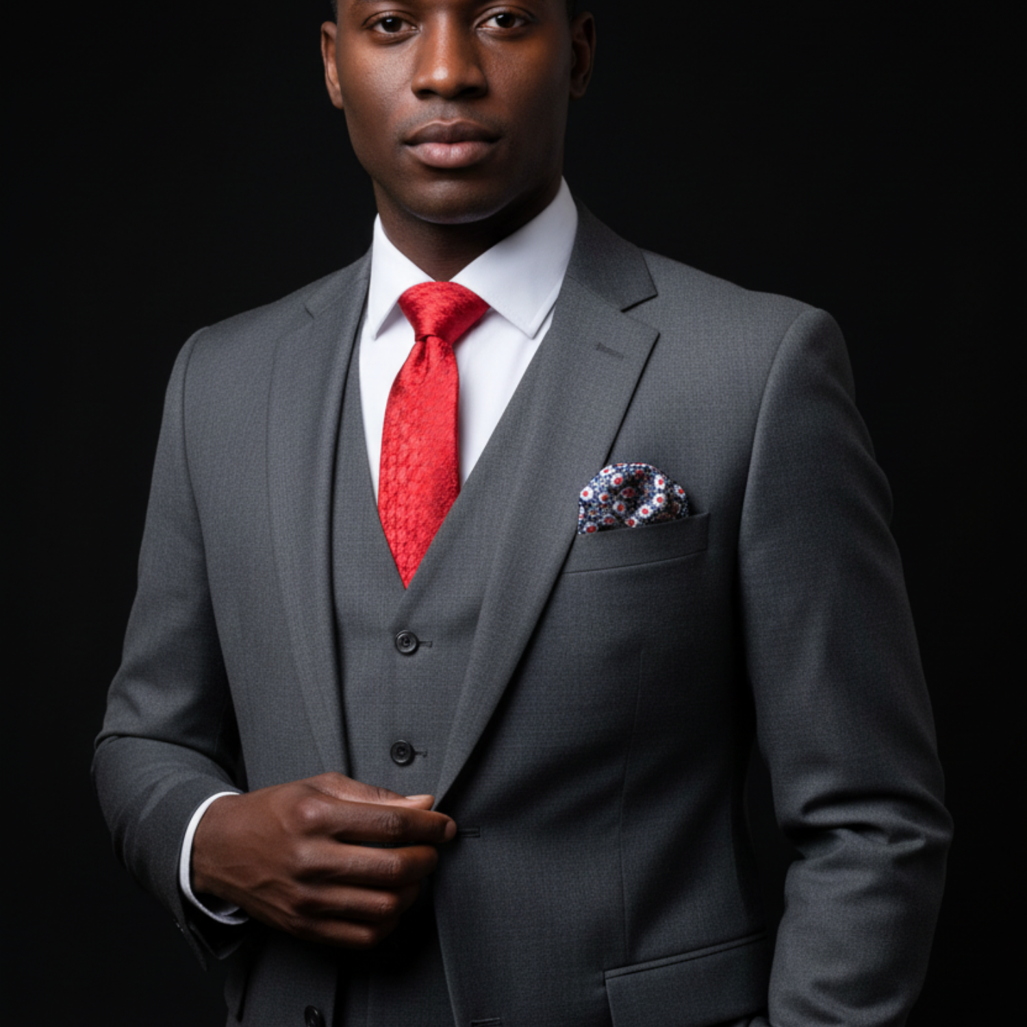 Man wearing a gray suit with a red tie and pocket square on a black background