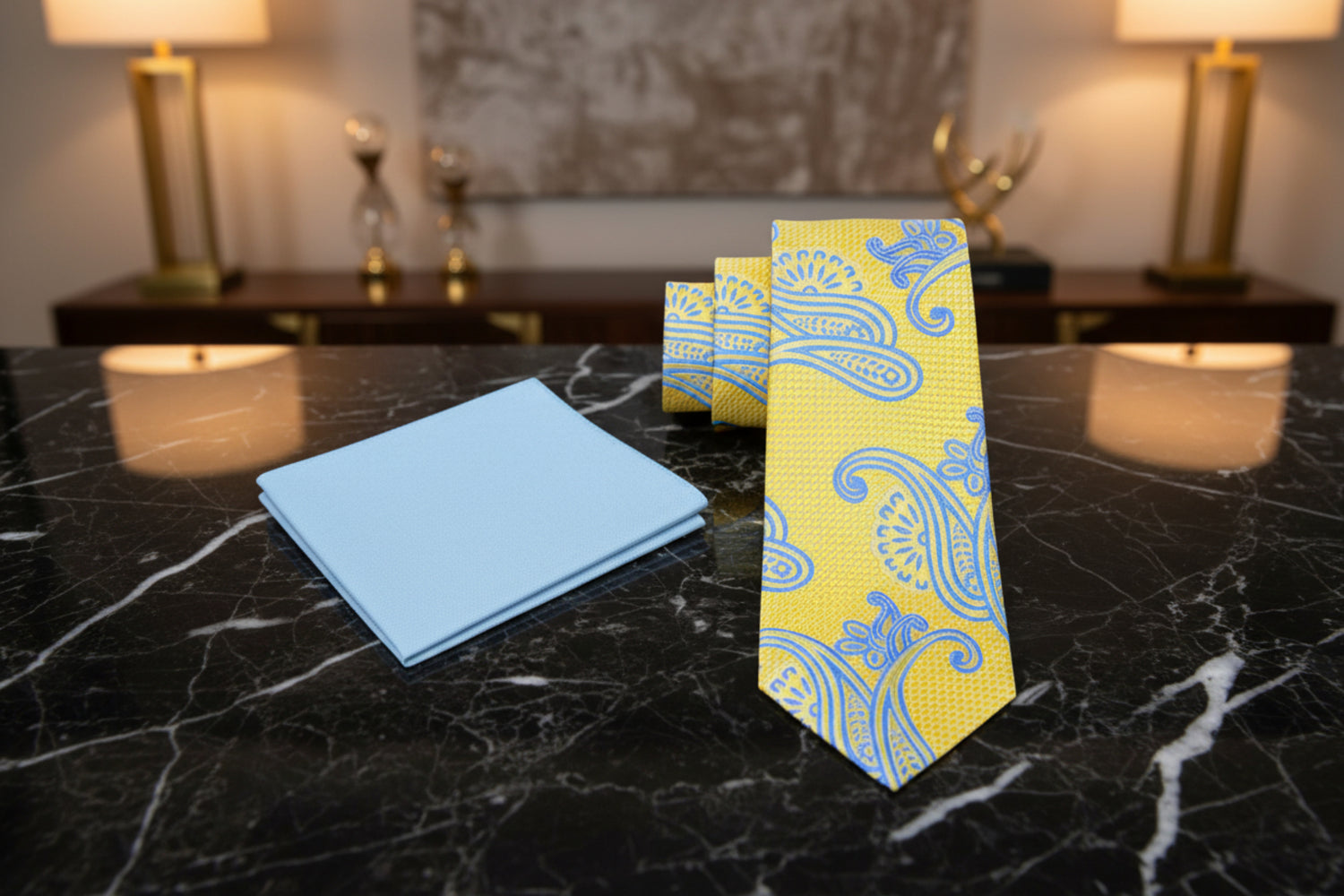 Alt View: Yellow and Light Blue Paisley Tie and Light Blue Square