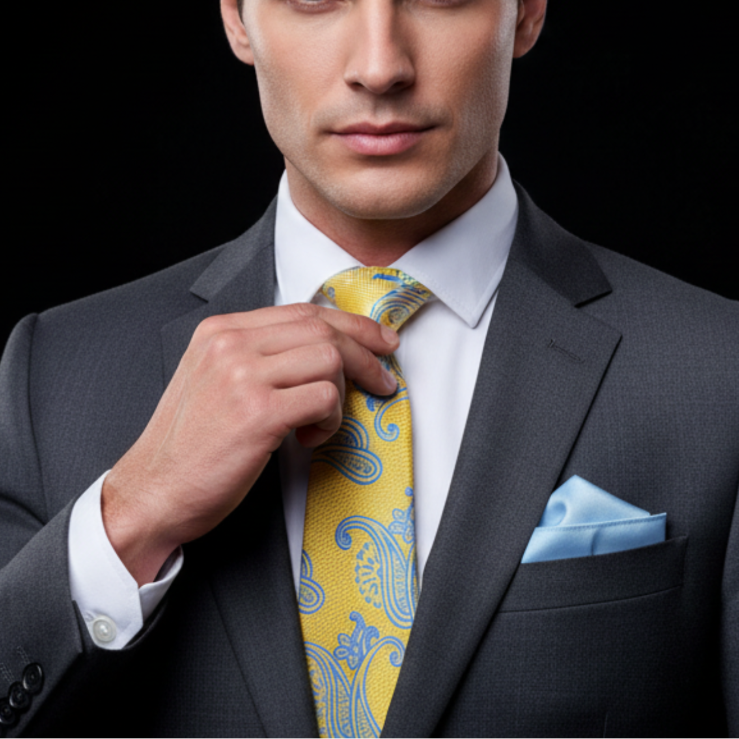 Man adjusting a yellow paisley tie with a black background