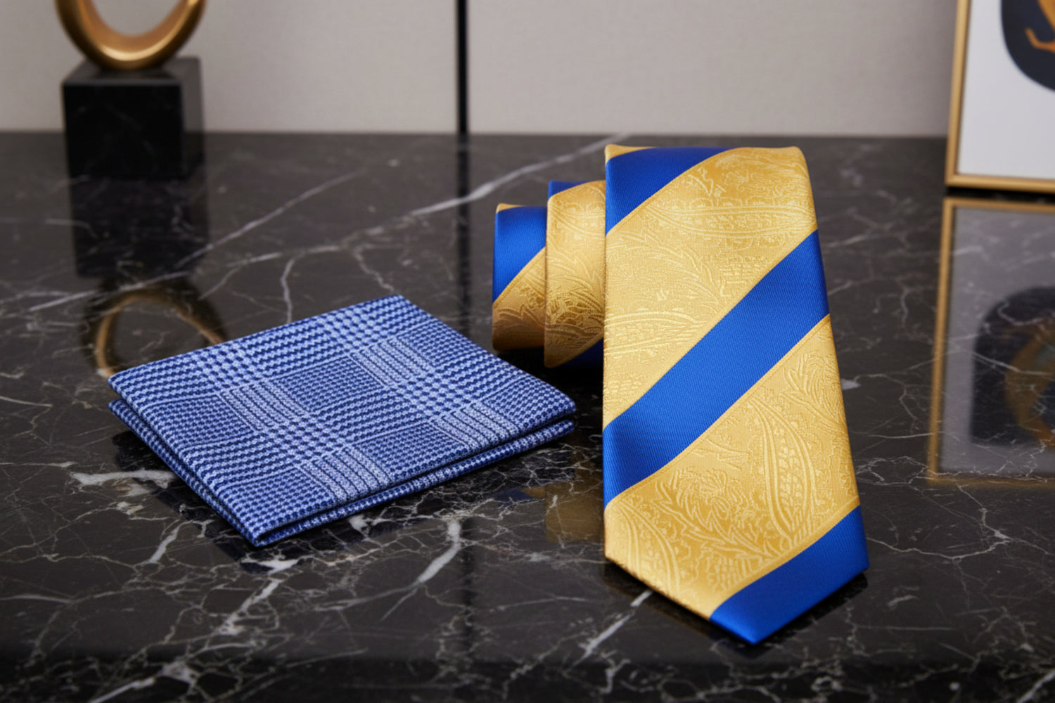 Alt View: Yellow Gold Paisley Texture with Blue Stripe Pocket Square