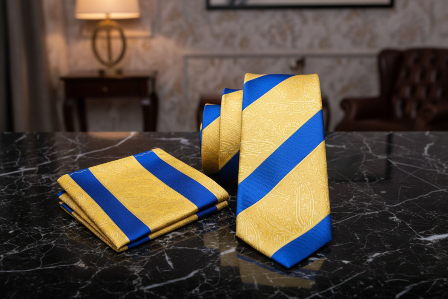 Alt View: Yellow Gold Paisley Texture Necktie with Matching Pocket Square