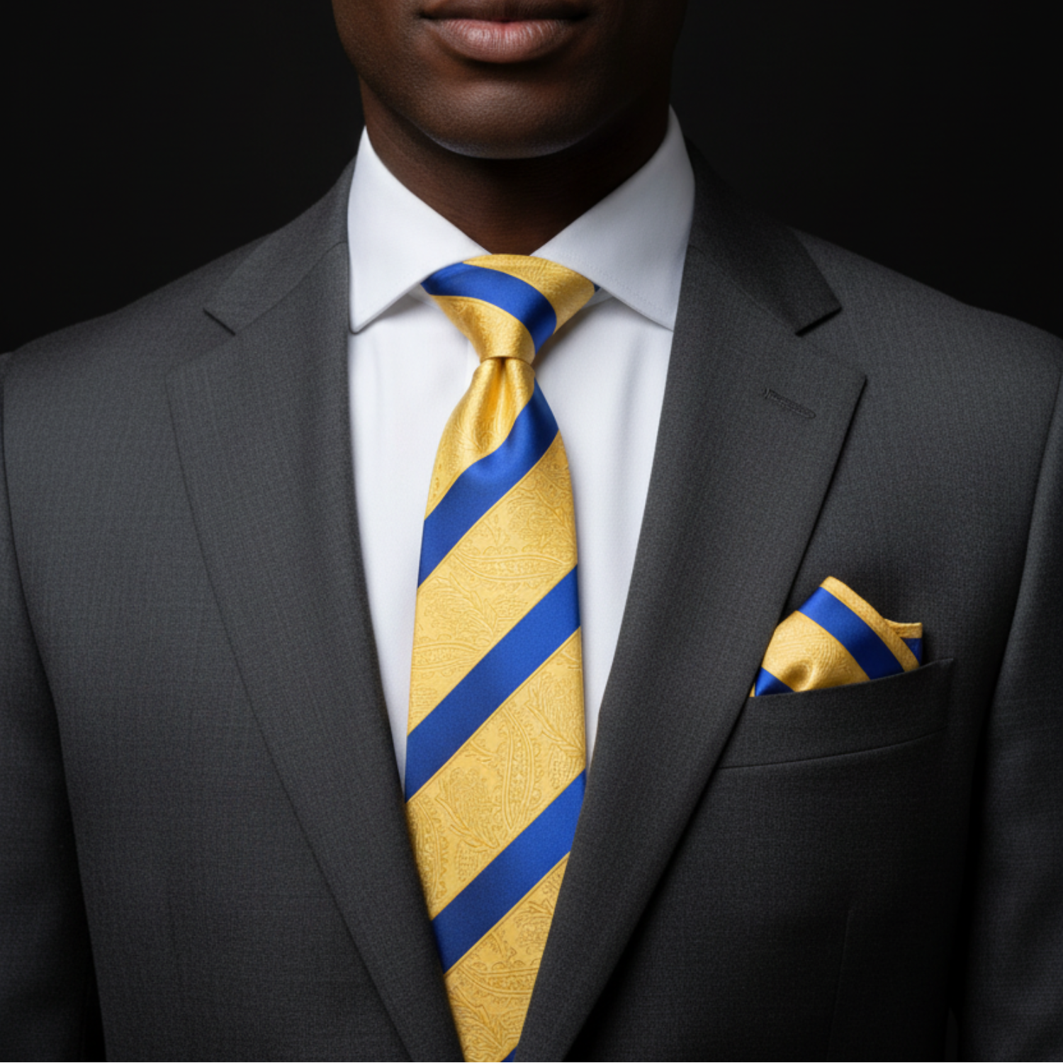 Man wearing a gray suit with a yellow and blue striped tie and matching pocket square.