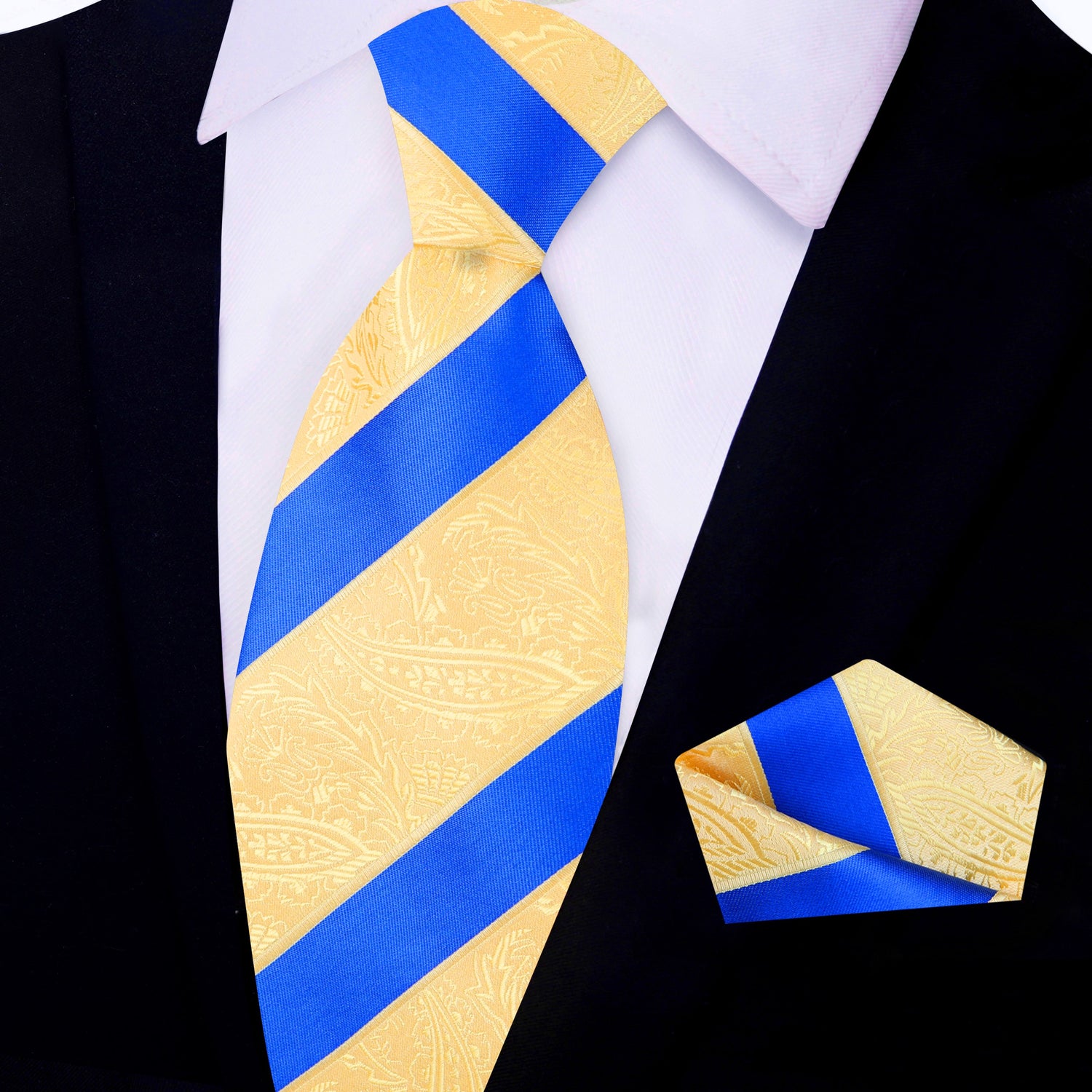 Yellow Gold Paisley Texture Necktie with Matching Pocket Square