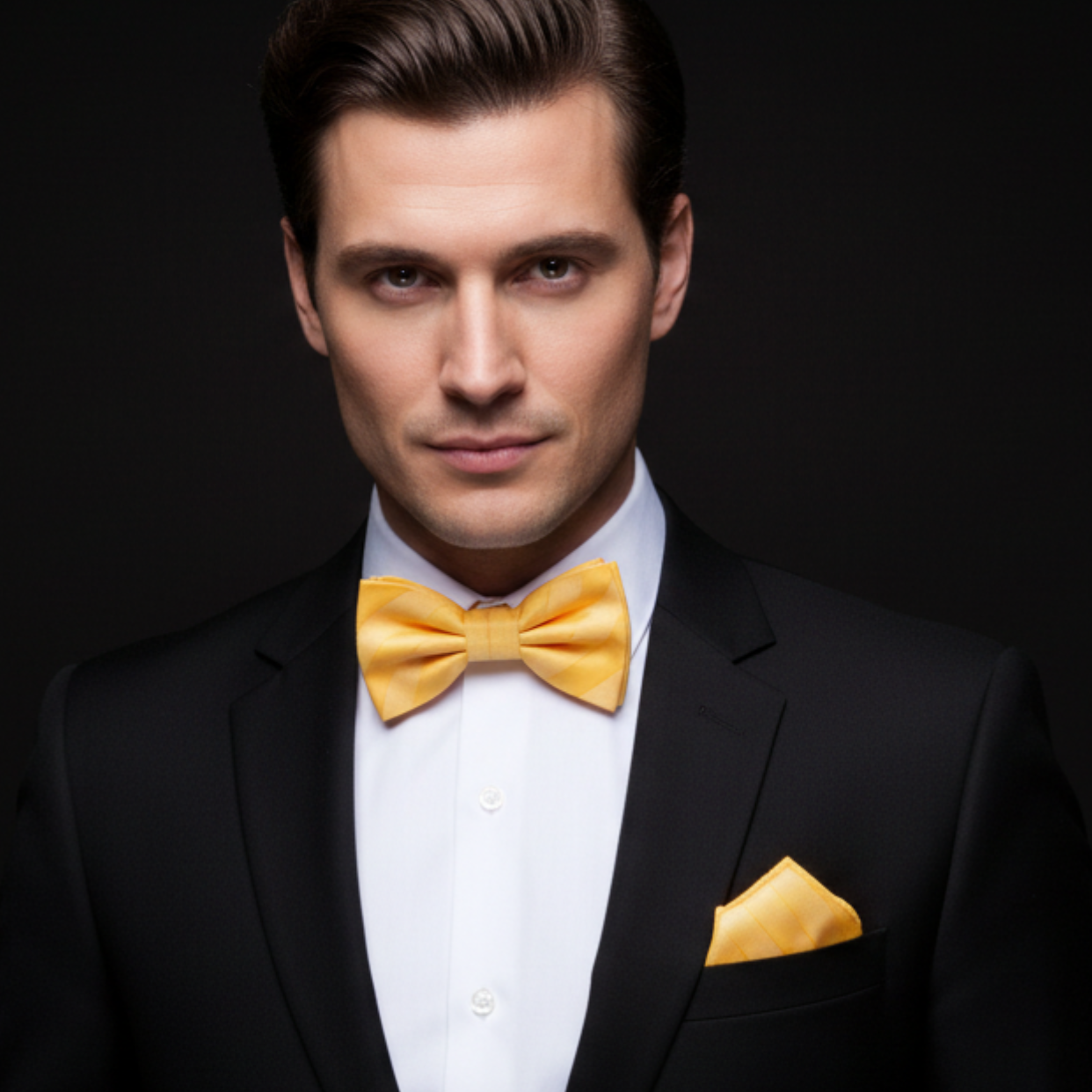 Man wearing a black suit with a yellow bow tie and pocket square on a dark background