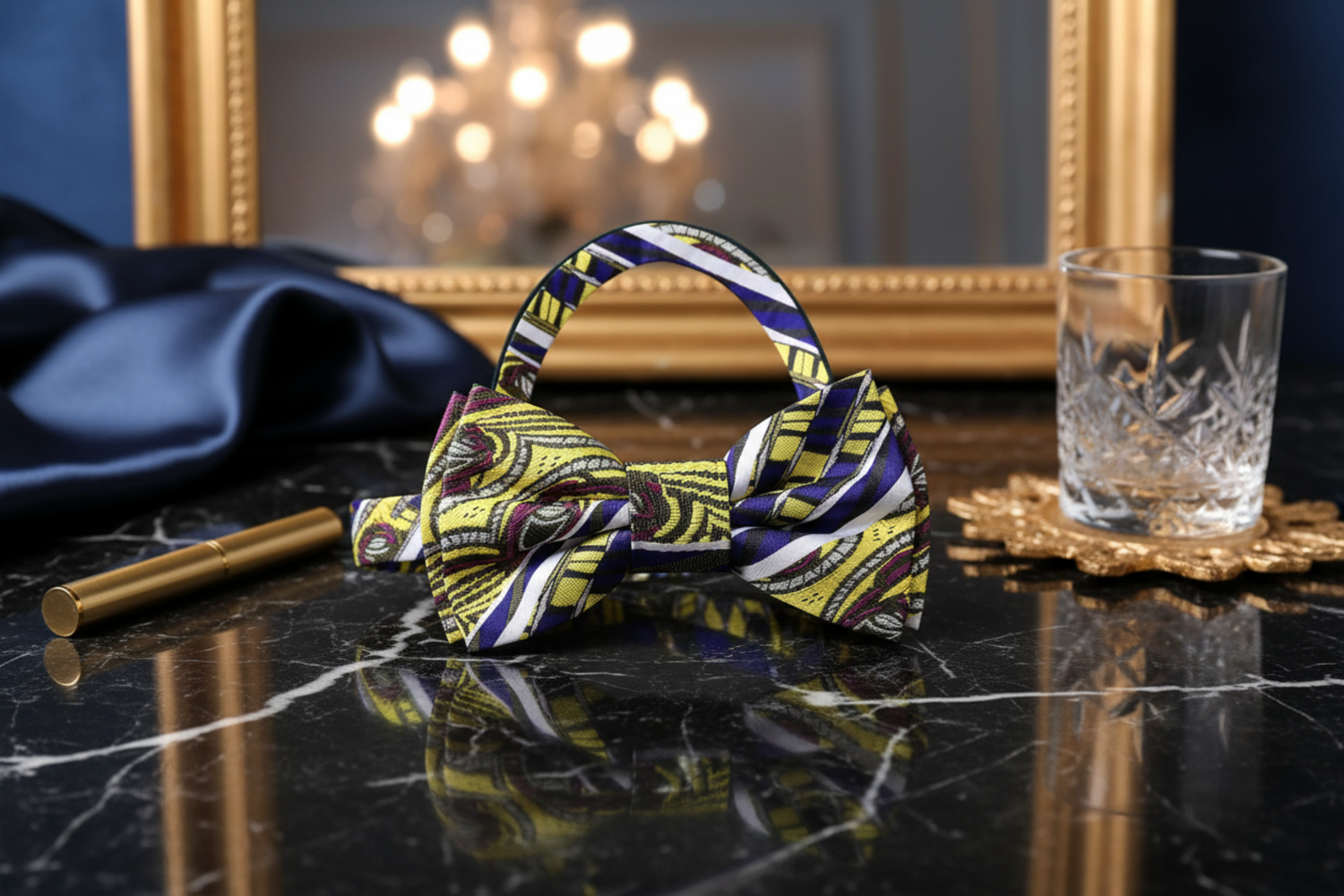 A Yellow, Purple Abstract Shapes and Lines Pattern Pre Tied Bow Tie Pre Tied