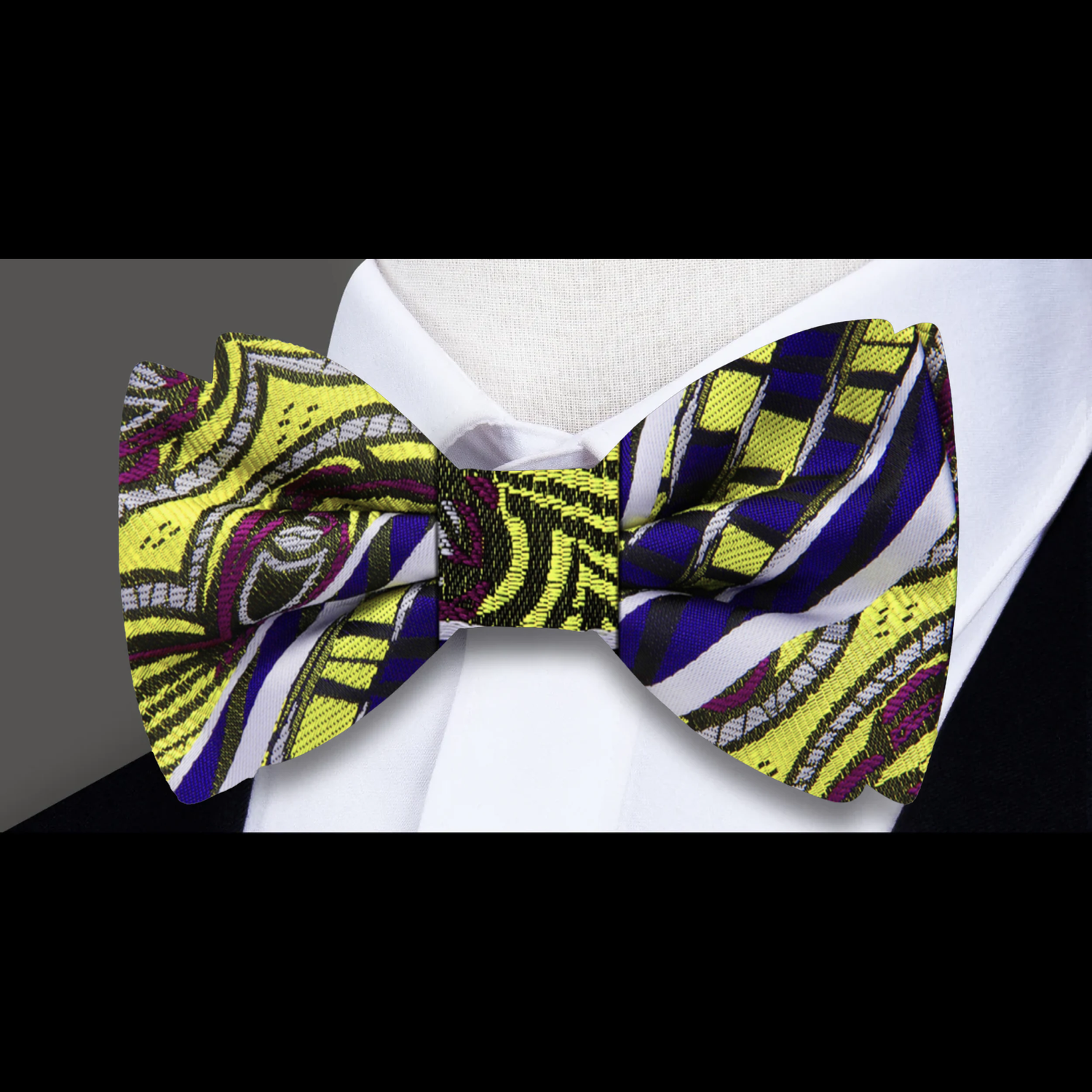 A Yellow, Purple Abstract Shapes and Lines Pattern Silk Pre Tied Bow Tie 