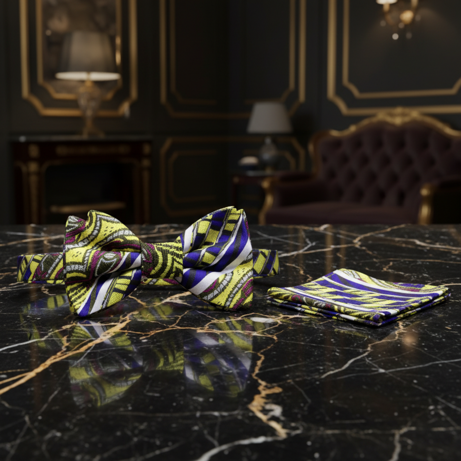 A Yellow, Purple Abstract Shapes and Lines Pattern Pre Tied Bow Tie, Matching Pocket Square