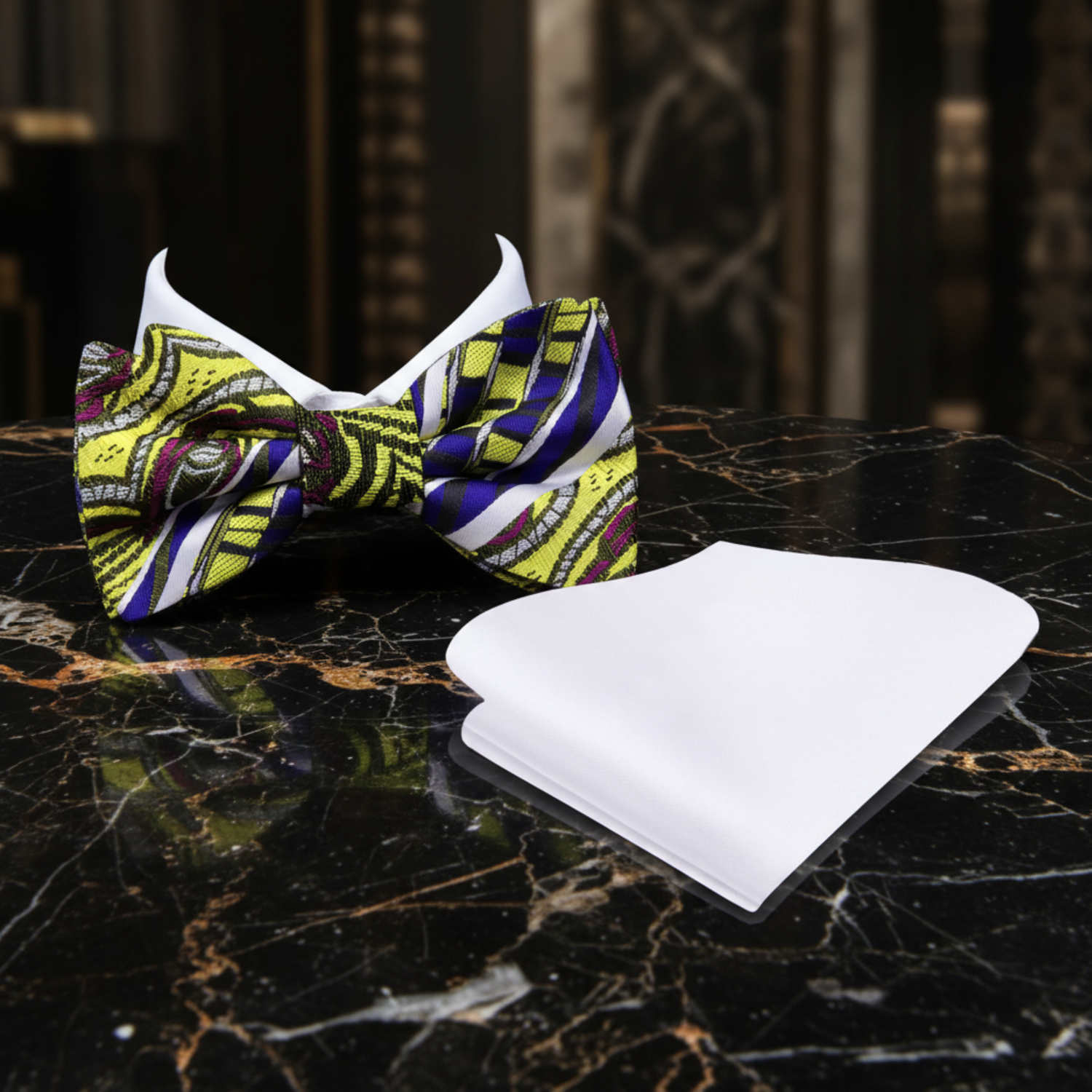 A Yellow, Purple Abstract Shapes and Lines Pattern Pre Tied Bow Tie, White Pocket Square