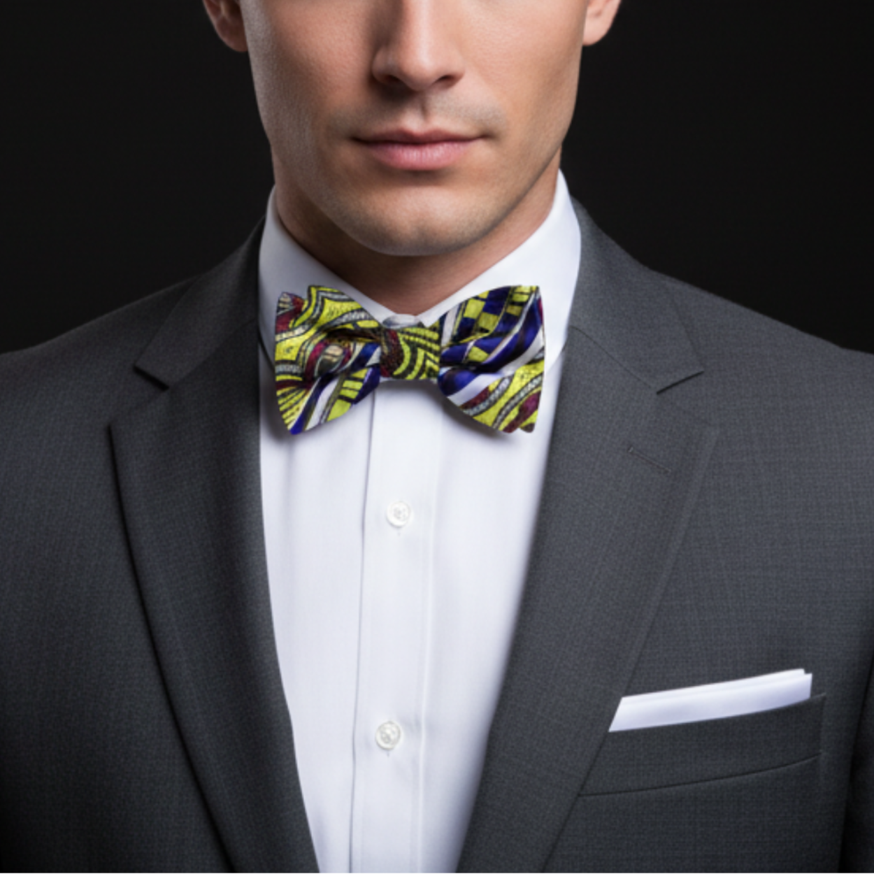 Man wearing a gray suit with a colorful bow tie against a black background
