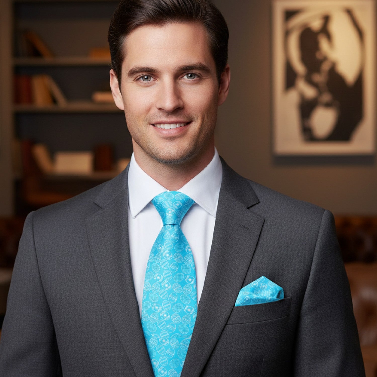 Man wearing a gray suit with a blue tie and pocket square in an indoor setting.
